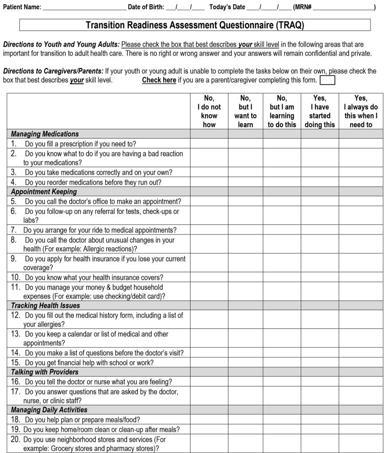 Transition Readiness Assessment Questionnaire Spina Bifida (TRAQ-SB ...