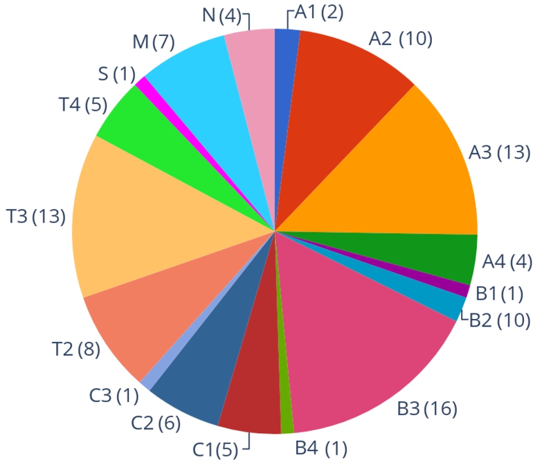 The distribution of AF instances in the ICCMA’21 benchmark, selected from different benchmarks taken from ICCMA’19. A1 to T4 represent the instances from ICCMA’17, S(mall) and M(edium) are the instances from ICCMA19B1, while N represents the instances from ICCMA19B2.