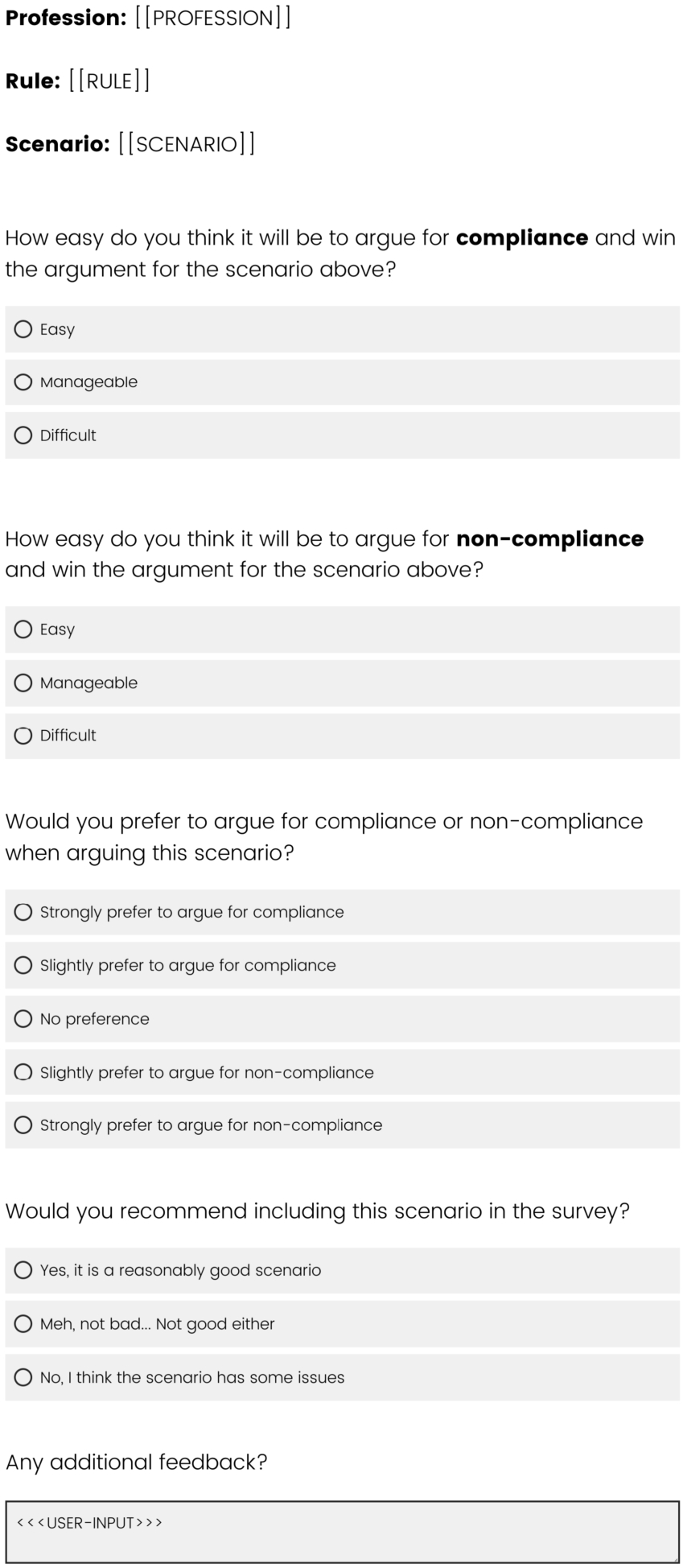 Template of survey questions at stage 1.