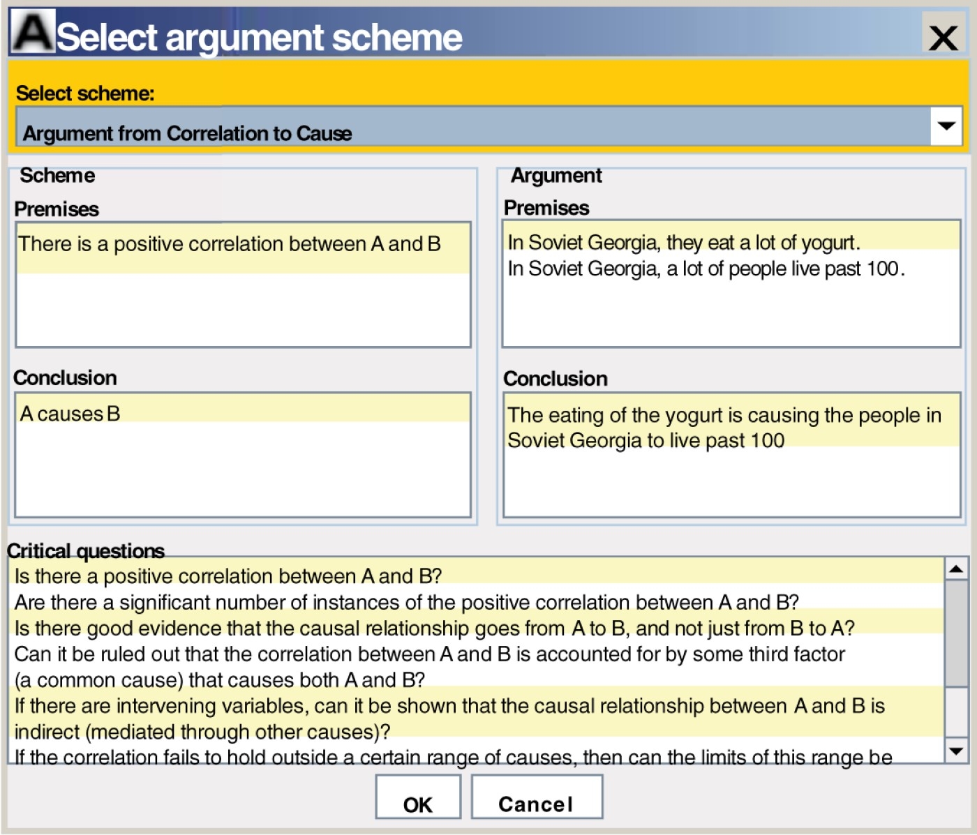 Screenshot of the argument scheme selection menu of Araucaria.
