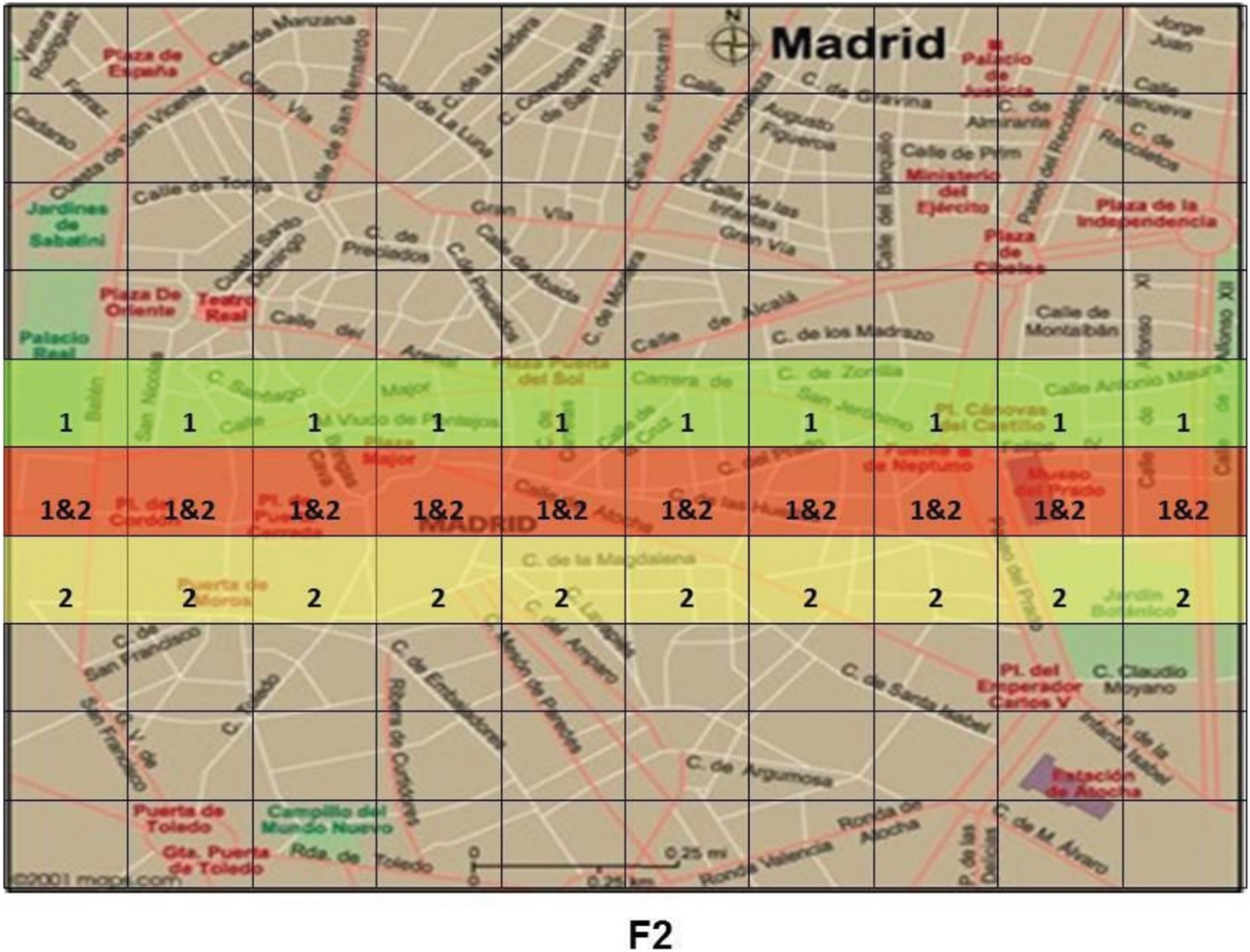Example of the kinds of maps seen by participants in Harris and Hahn's (2009) study. Shaded areas labelled ‘1’ indicate areas identified by the first of the two witnesses as a putative location of the missing body. Areas labelled ‘2’ are parts of the city identified as a possible location only by the second witness. Areas labelled ‘1&2’ represent regions of overlap between the two testimonies.