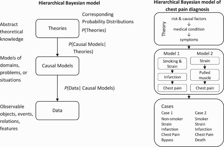 Hierarchical Bayesian model representing the relations between abstract theoretical knowledge, causal models of a particular domain, problem or situation, and observable data. The graph entails conditional and unconditional probability distributions over theories, causal models, and data. On the right-hand side, an example from the medical domain is shown (see text for explanations).