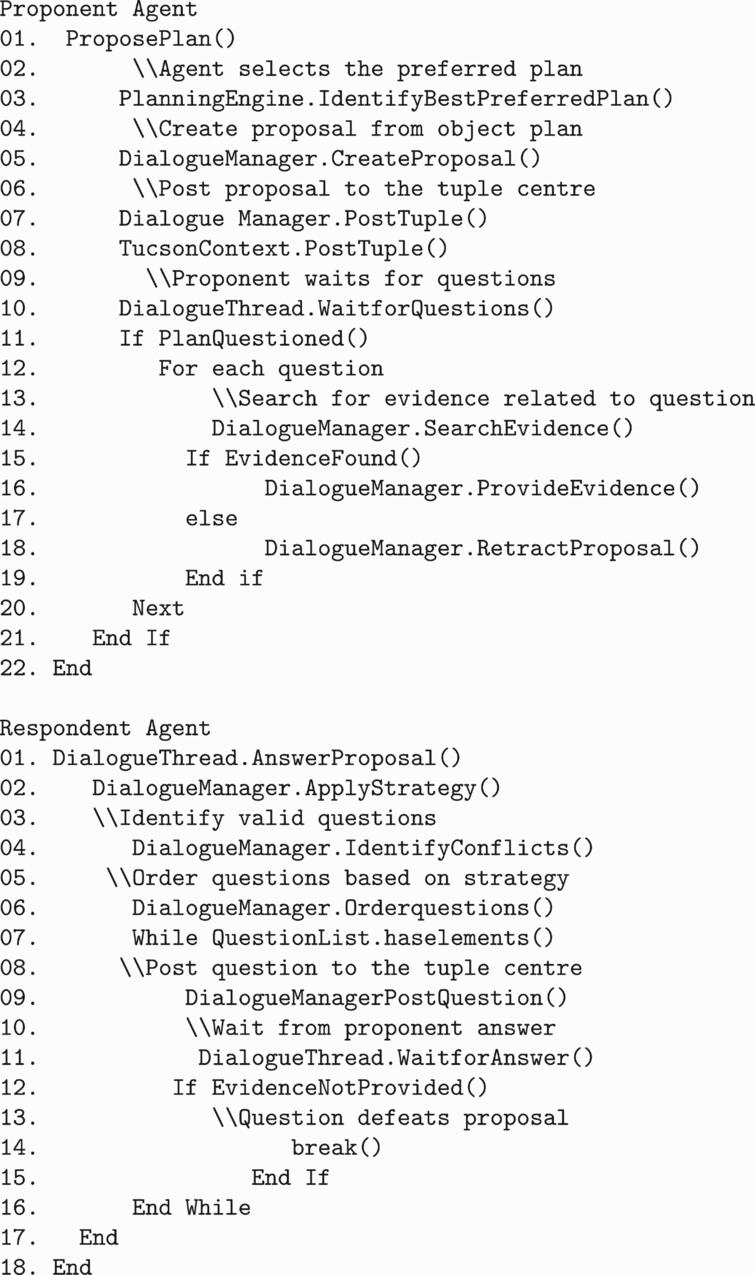 Pseudo-code for the proponent and respondent agents’ functions in a dialogue simulation.