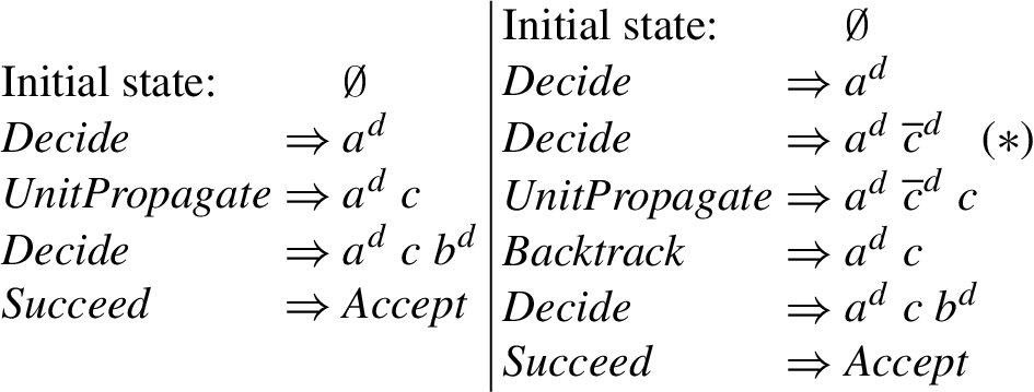 Examples of paths in DP{a∨b,a‾∨c}.