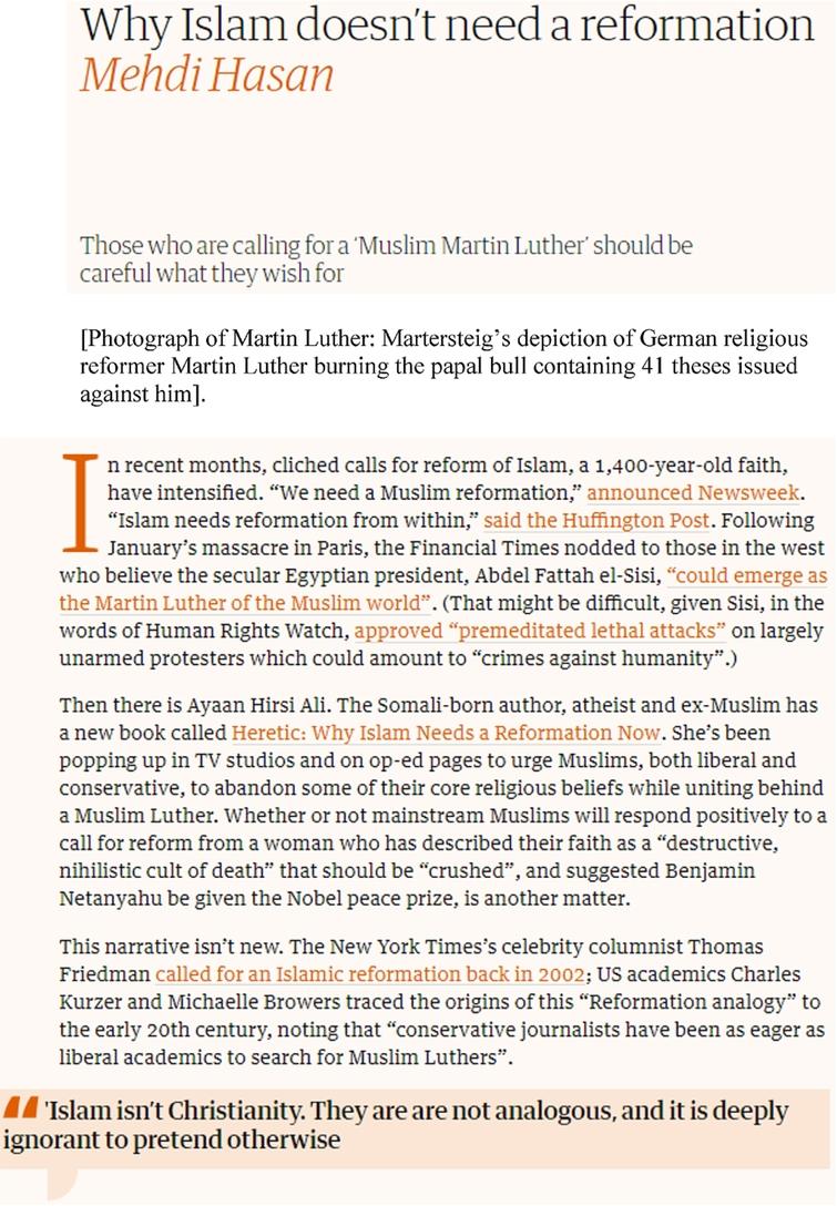 Initial paragraphs of Hasan’s op-ed showing macro framing. Copyright Guardian News & Media Ltd 2018.