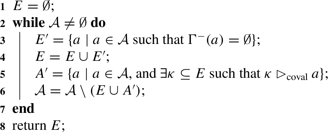 Algorithm compute-acyclic-extension(⟨A,R,S⟩, coval)