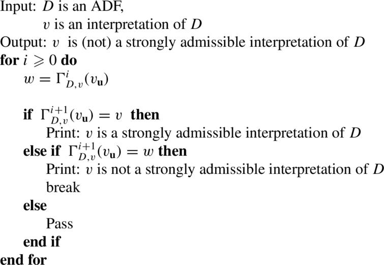 Algorithm to decide whether v is a strongly admissible interpretation of D