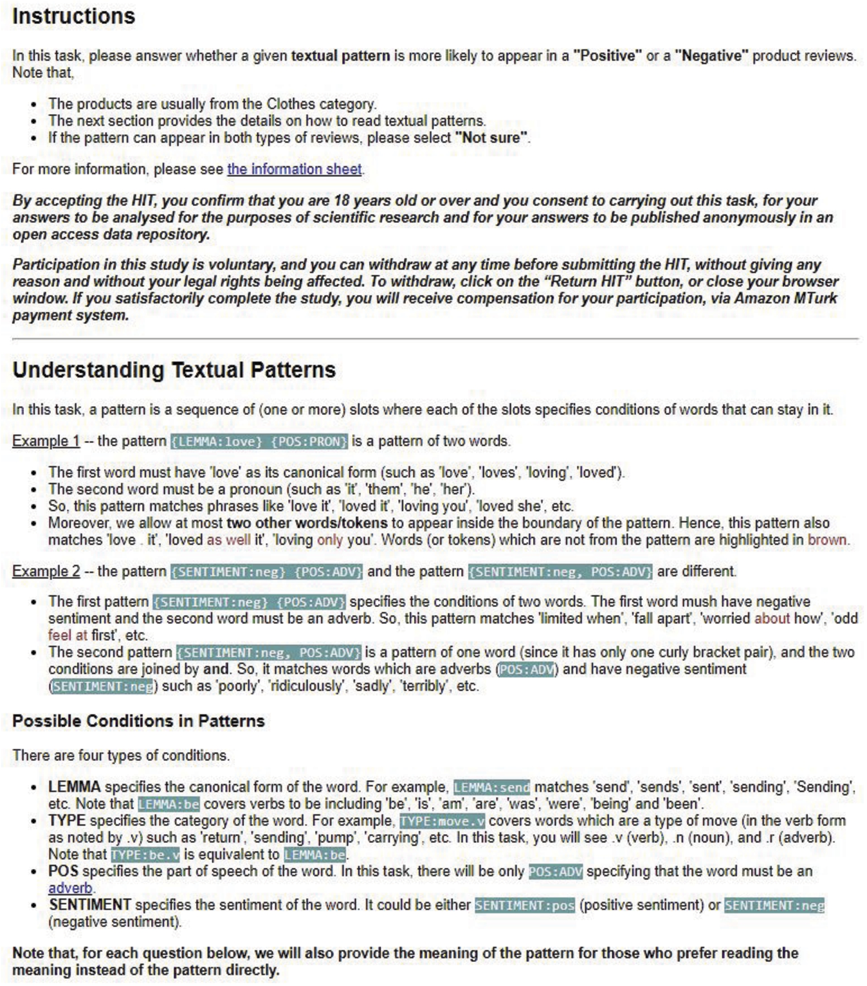 (First half) Some parts of the template used for rendering pattern questions from the sentiment analysis task (i.e., the Amazon Clothes dataset) for MTurk workers. It contains the instructions and a tutorial on how to read GrASP patterns.