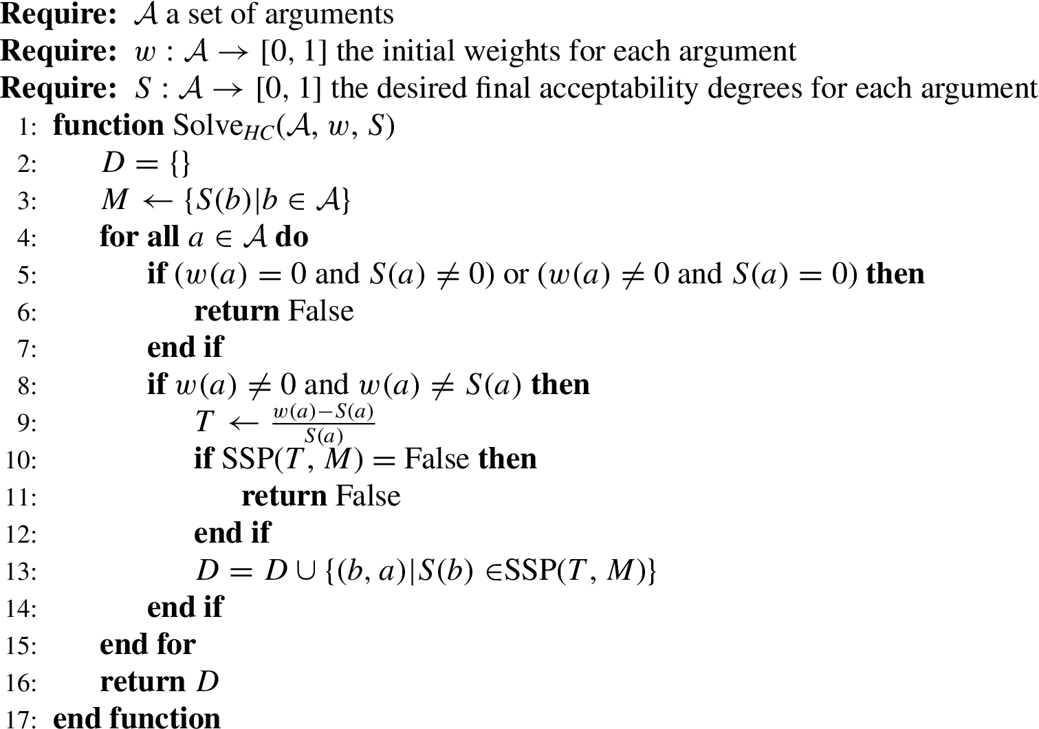 Procedure to solve DECcHC. SSP (lines 10, 13) calls a subset-sum solver which returns the elements of M that sum up to T, or false if no such elements can be found