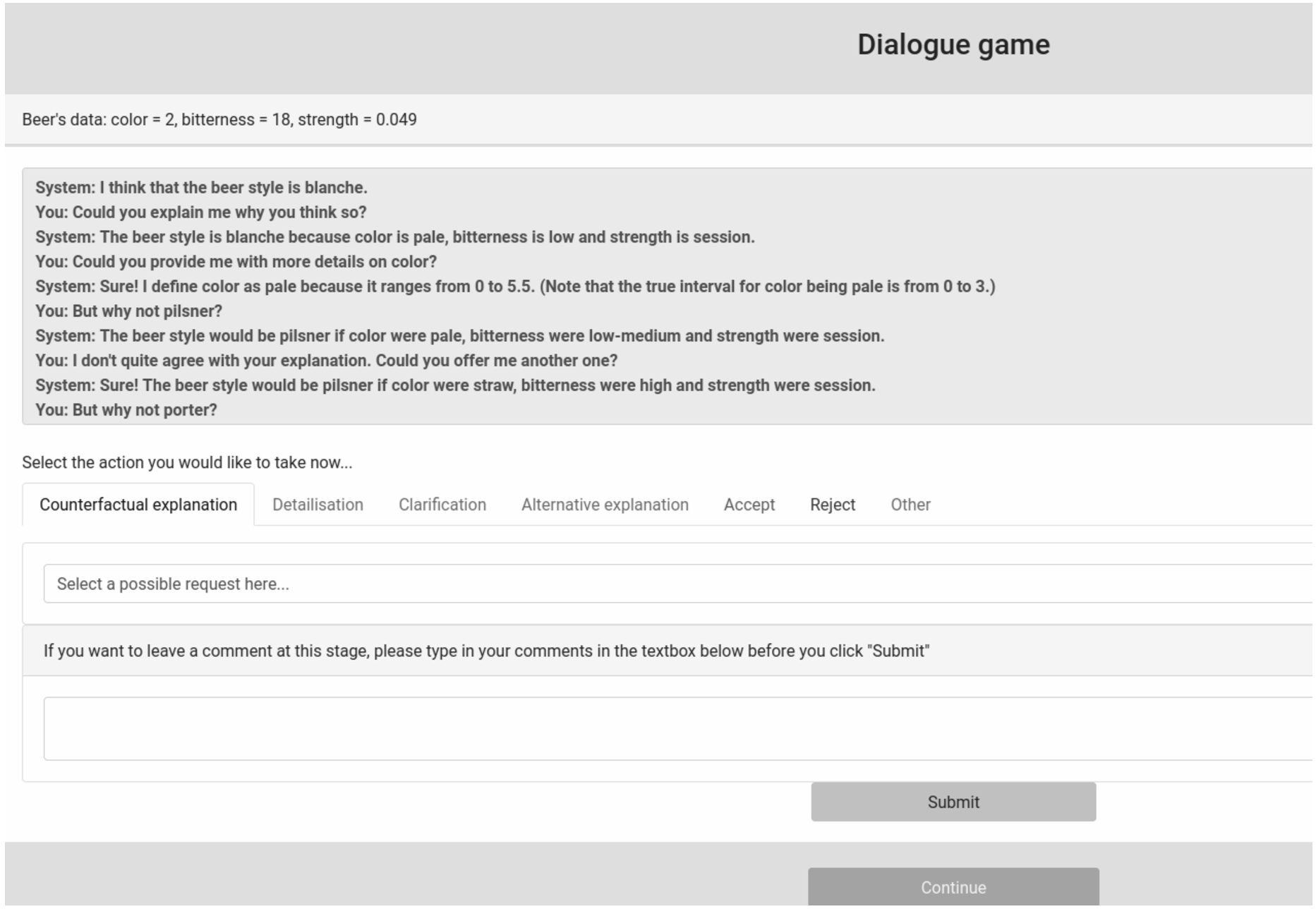 An example of a dialogue game human evaluation survey (the beer style dataset scenario).