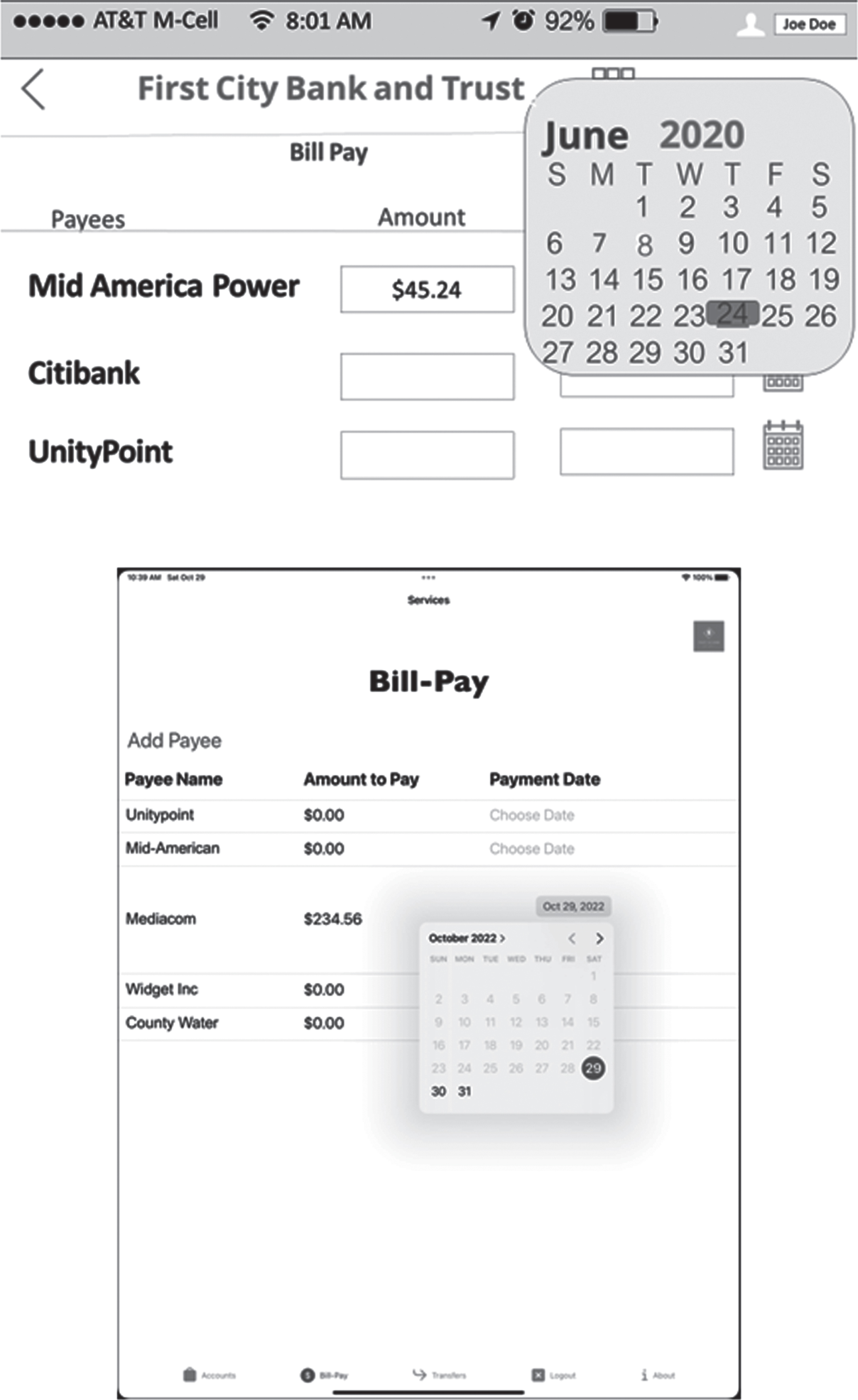 On top, the PowerPoint Wireframe of the Pay Bill Screen with a Calendar. On bottom, the actual view of the Pay Bill Functionality with a Calendar in the final version of the app.