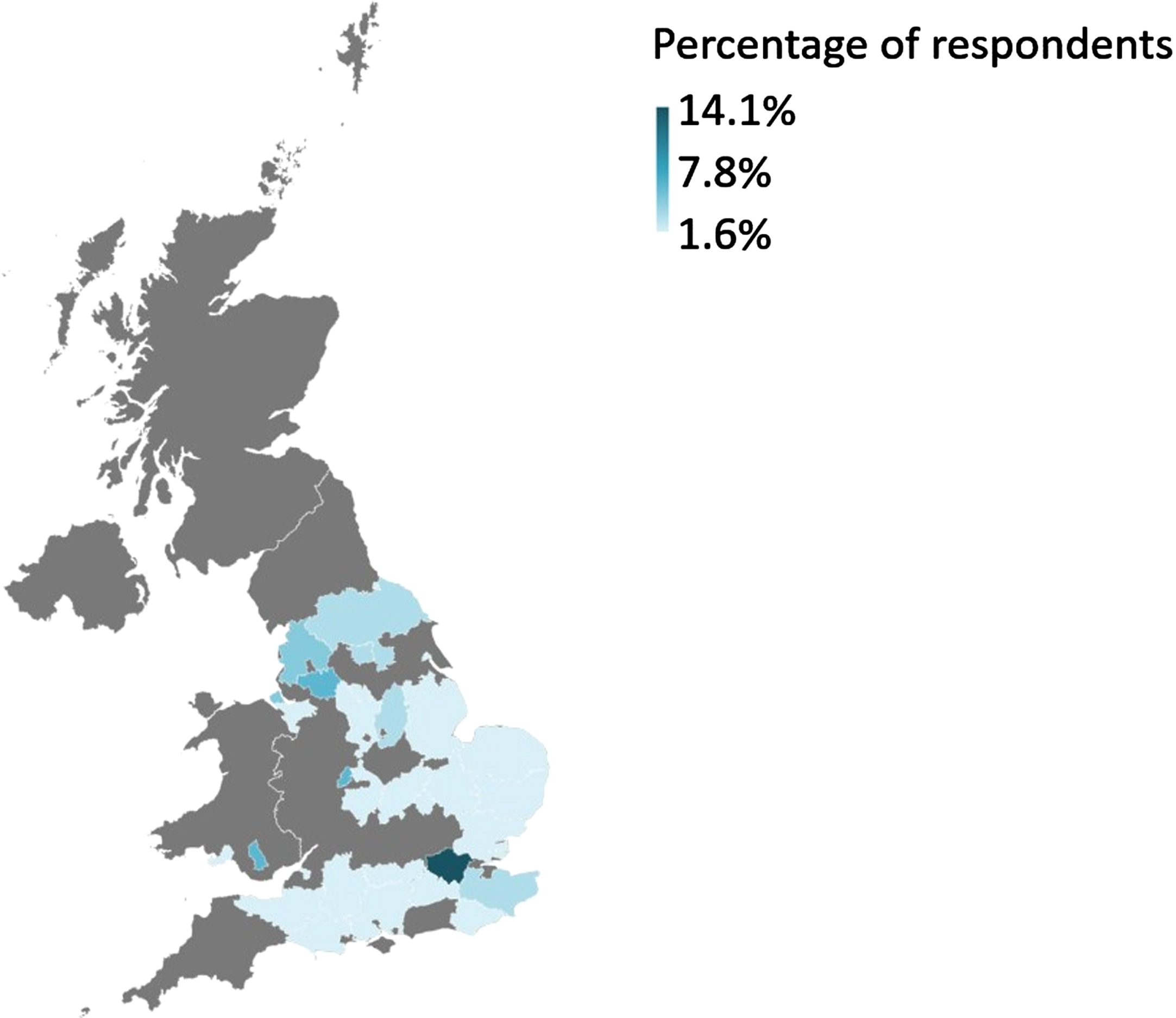 Map of the distribution of hospital or NHS Trust respondents by region of the UK.