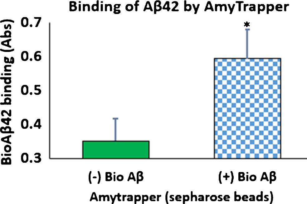 Binding of bio-Aβ42 by Amytrapper (sepharose beads). Values are expressed in absorbance units presented as Mean±SEM from triplicate measurements. Student’s T-test was used to determine significance. *p < 0.001.