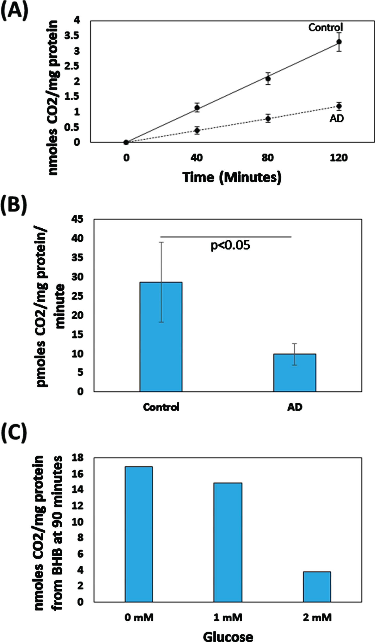 BHB-derived CO2 production by AD and control brain homogenates. A) For both groups CO2 production was essentially linear over 120 min. The assayed homogenates contained 1.25 mM NAD + and 1.25 mM ATP; no exogenous glucose was added. B) The CO2 production rate was lower in the AD brains. The assayed homogenates contained 1.25 mM NAD + and 1.25 mM ATP; no exogenous glucose was added. C) For one assessed control brain, adding 1 mM glucose appeared to slightly lower BHB-derived CO2 production, while adding 2 mM glucose appeared to dramatically lower BHB-derived CO2 production. In addition to providing exogenous glucose, the experiment shown in 2C was performed in the presence of 2.5 mM NAD + and 2.5 mM ATP.