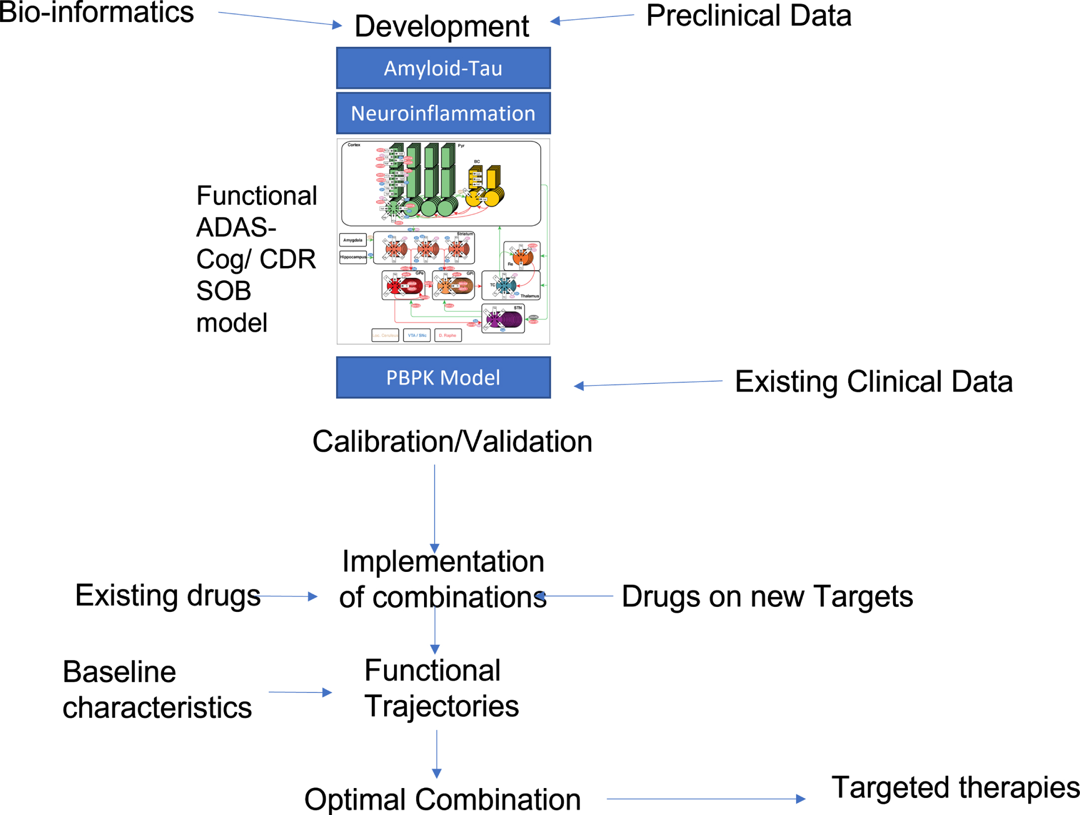 Possible flow-chart of knowledge-driven QSP identification of optimal treatment combinations. An existing QSP model that includes amyloid-tau pathology modeling, neuroinflammation, and a functional ADAS-Cog calibrated neuronal circuit is informed by preclinical, clinical observational and bio-informatics data. Target exposure of drugs currently tested in clinical trials is implemented using PBPK modeling to derive the functional impact in the QSP model. Calibration and validation are then performed with available clinical data, preferentially on individual patient outcomes. The validated QSP platform can then be used to systematically search all possible drug combinations and rank orders the outcomes for an AD patient with pre-specified baseline conditions. This process can then be repeated for subjects with varying baseline biomarkers conditions, allowing for more “targeted treatment” paradigm for certain baseline biomarkers signatures.