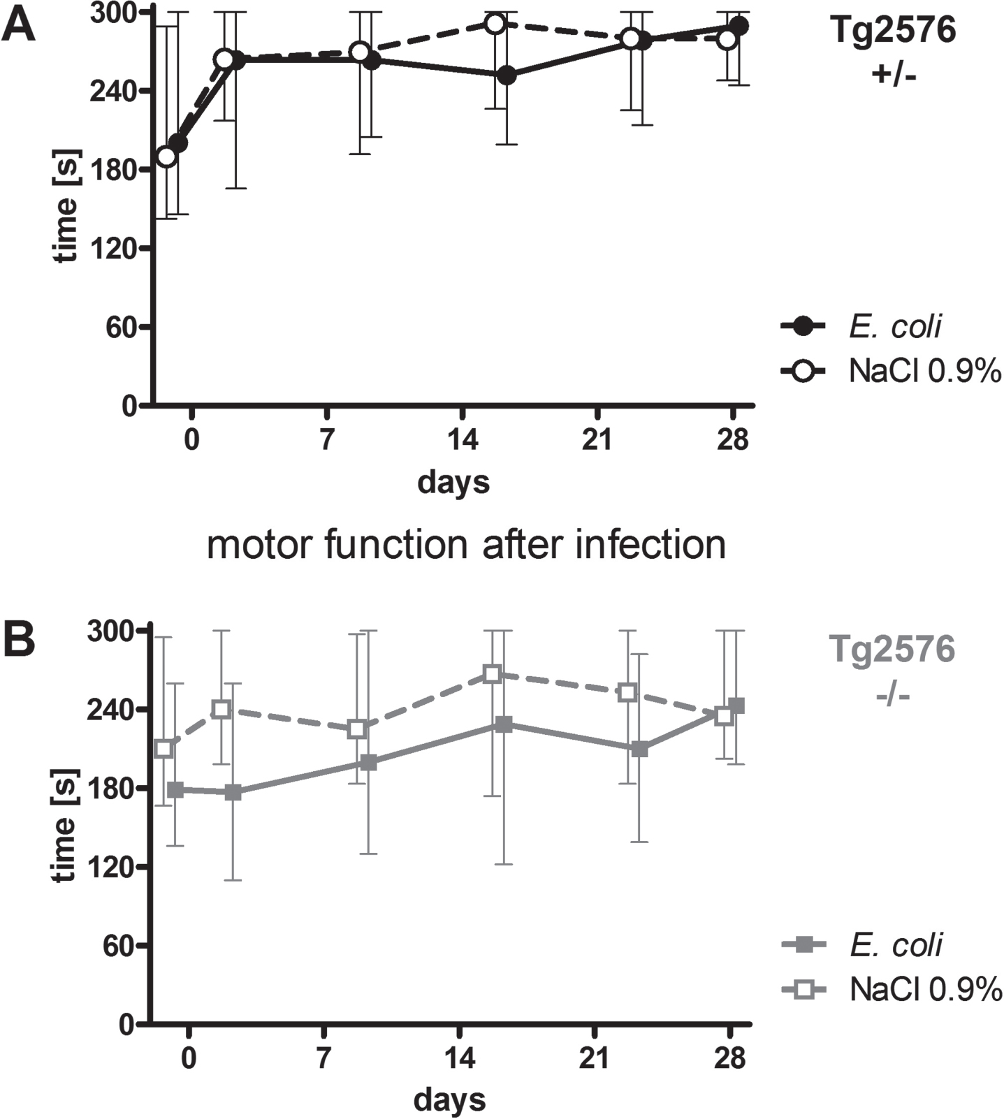 Motor function of Tg2576 +/- and Tg2576 -/- mice after surviving an intracerebral E. coli infection. A) Performance of surviving infected Tg2576 +/- mice (n = 18) in the rotarod test did not differ from that of uninfected Tg2576 +/- mice (n = 14) up to 4 weeks after intracerebral E. coli infection (comparison of AUCs, Mann-Whitney U-test, p = 0.61). B) Performance of surviving infected Tg2576 -/- mice (n = 15) in the rotarod test did not differ from that of uninfected Tg2576 -/- mice (n = 17) up to 4 weeks after intracerebral E. coli infection (comparison of AUCs, Mann-Whitney U-test, p = 0.19). Medians (25./75. percentiles) of times that mice remained on the rotarod are presented (minimum 0, maximum 300 s).