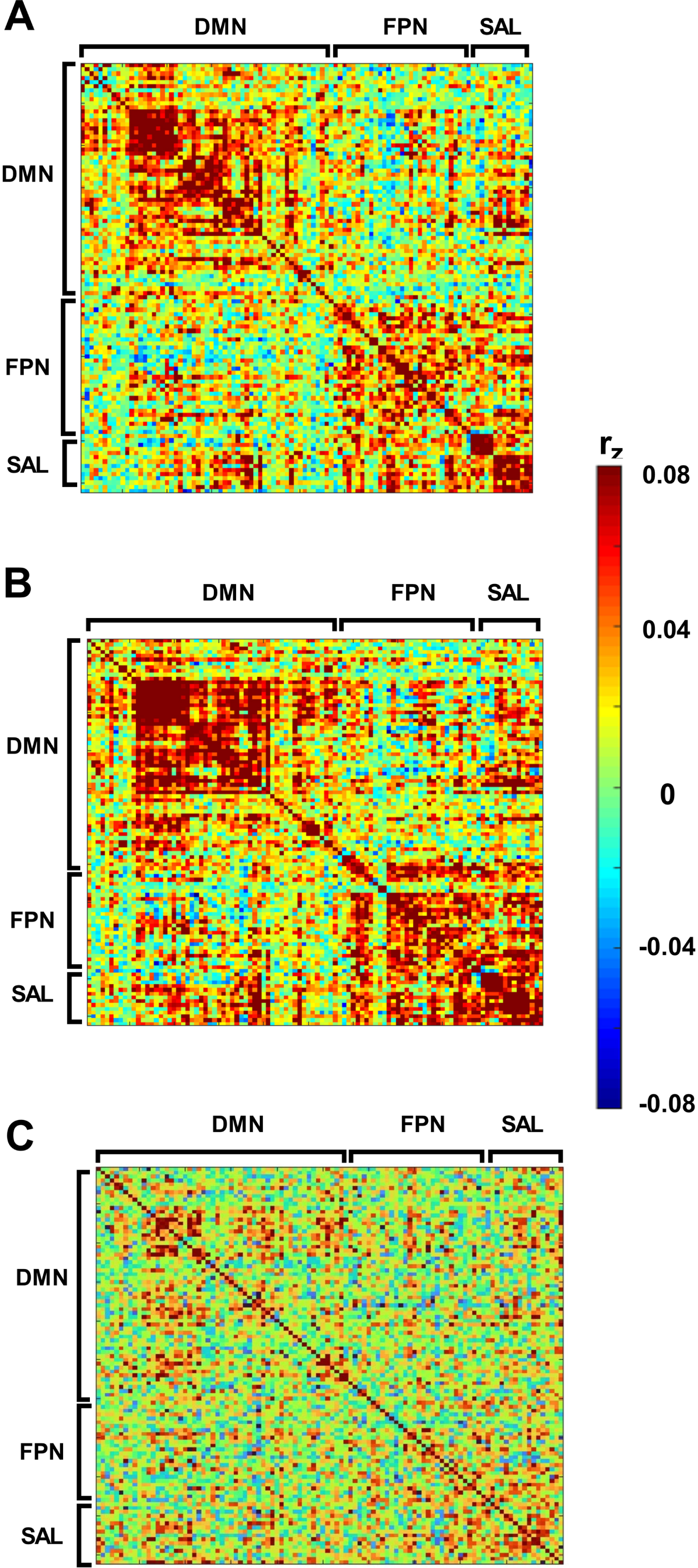 Group-averaged (CN and MCI) adjacency matrix representing functional connectivity of DMN, FPN, and SAL defined using Power (2011) atlas [44]. A) Before exercise training. B) After exercise training. C) After minus Before exercise training.