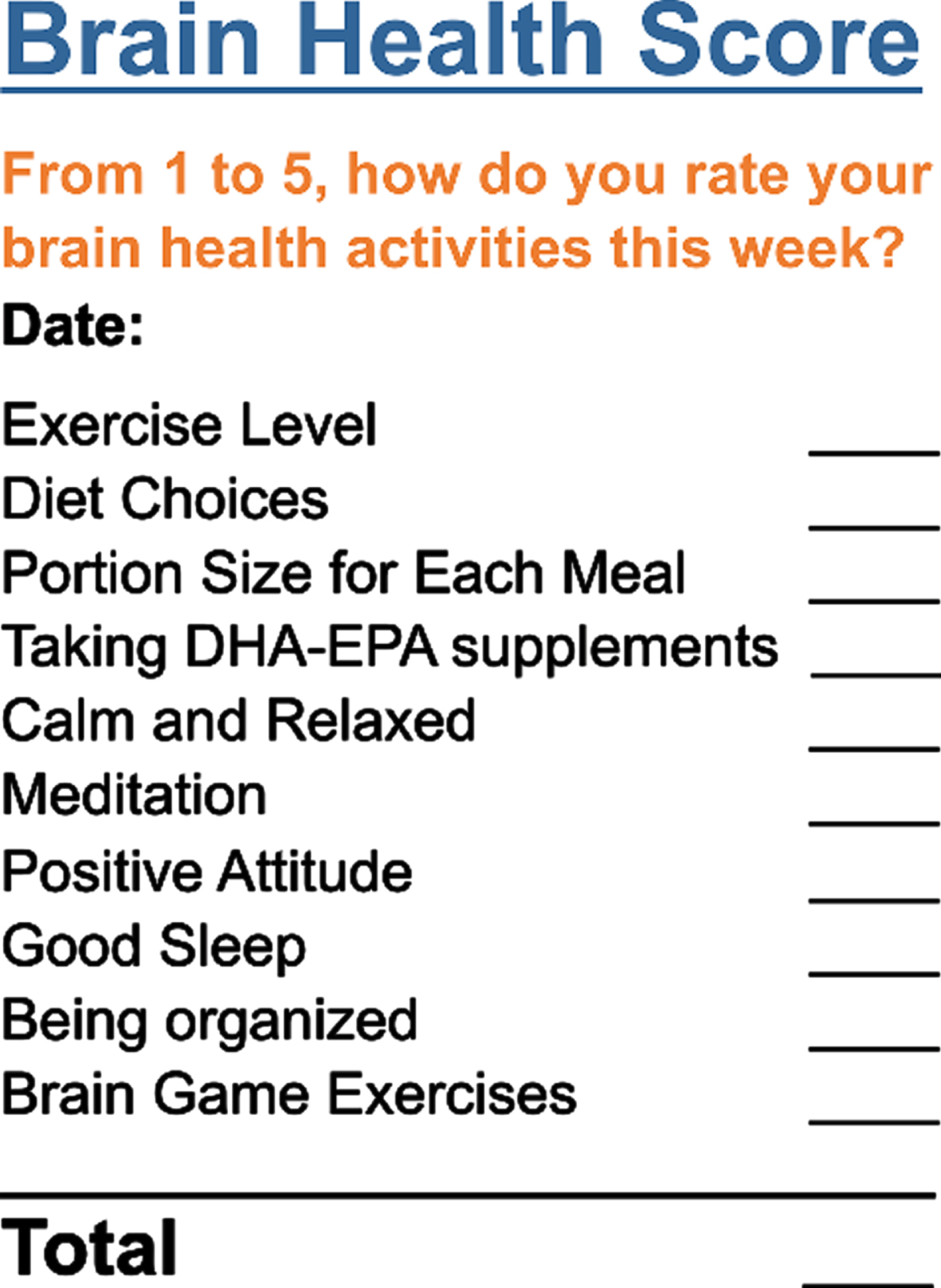 Brain coaching and the Brain Health Score. Brain coaches closely monitor the progress of each patient toward their individual goals for better fitness, better sleep, lower stress, healthier diet, meditation, brain exercises, and having a positive attitude. During each brain coaching session, brain coaches discuss the patient’s self-reported Brain Health Score for the previous week, which marks the degree of progress made toward these goals. Brain coaches act as enthusiastic cheerleaders when patients succeed in meeting goals and as encouraging accountability partners when patients fall short.