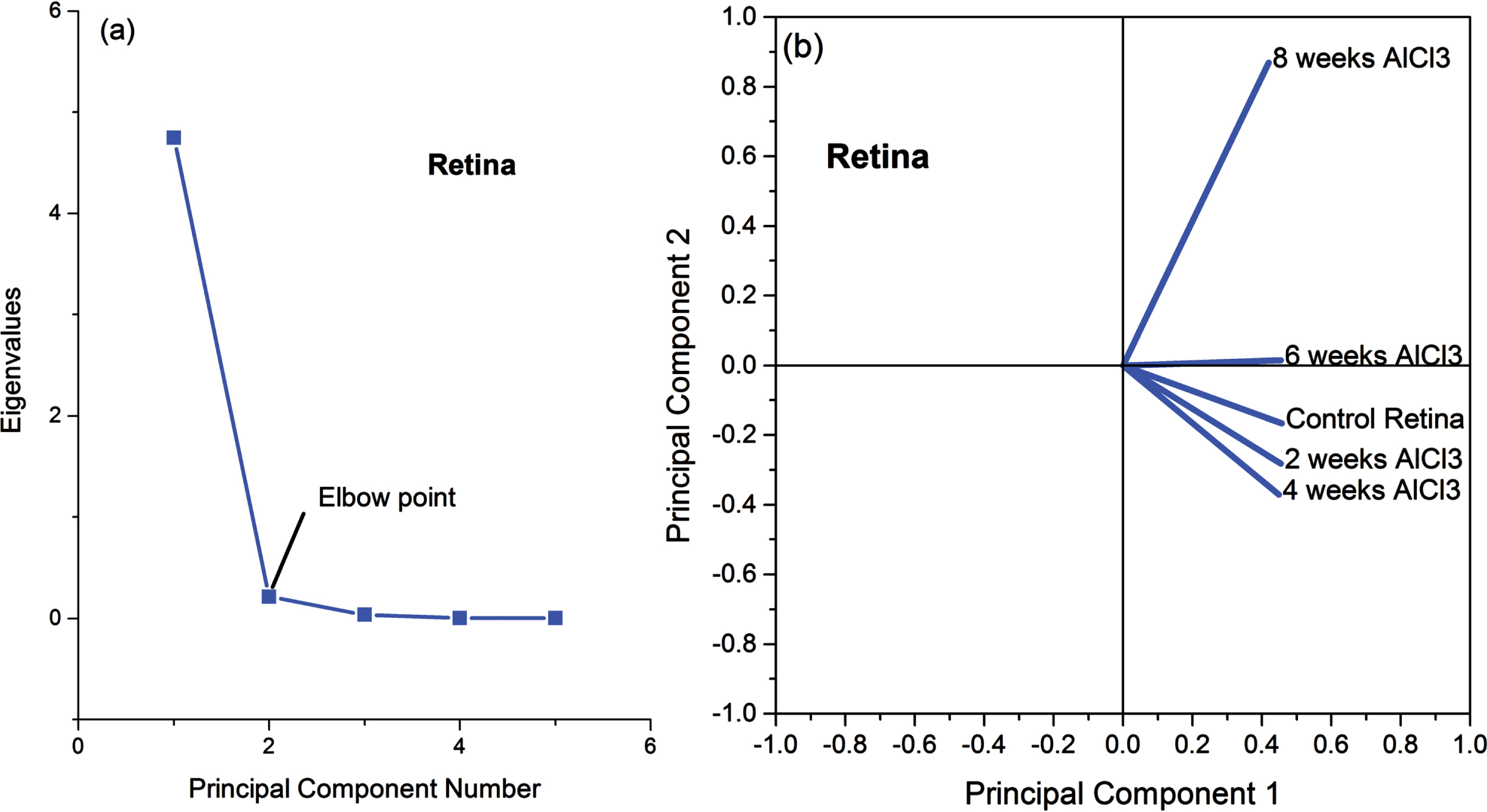 (a) Eigenvalues in relation to the principal components of FTIR data and (b) the loading plot for retinal FTIR raw data.