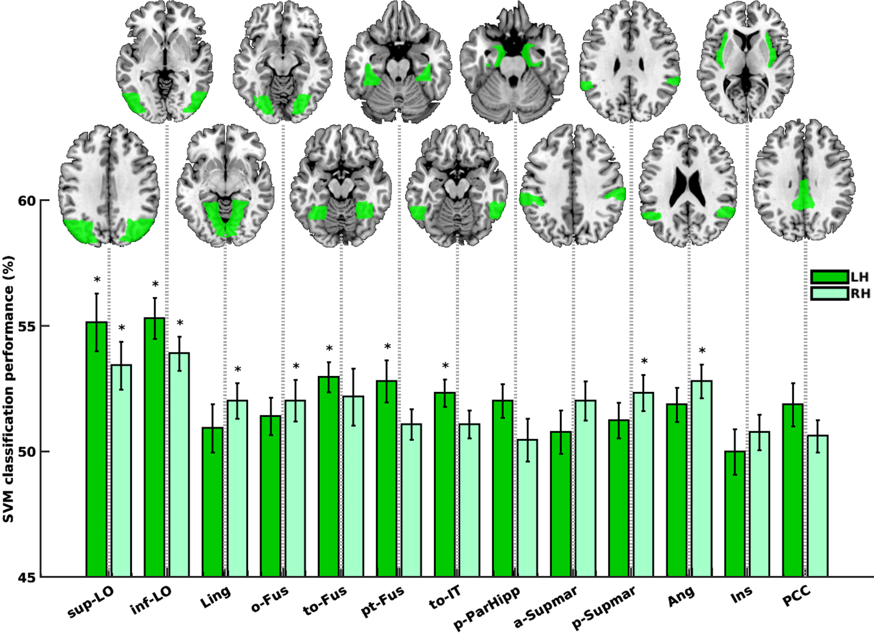 Animacy decoding in the HC group. Dark and light green bars represent the left and right hemispheres, respectively. Bars marked with asterisk (*) are regions remained significant following FDR correction. sup-LO, lateral occipital cortex, superior division; inf-LO, lateral occipital cortex, inferior division; Ling, lingual gyrus; o-Fus, occipital fusiform gyrus; to-Fus, temporal occipital fusiform cortex; pt-Fus, temporal fusiform cortex, posterior division; to-IT, inferior temporal gyrus, temporooccipital part; p-ParaHipp, parahippocampal gyrus, posterior division; a-Supmar, supramarginal gyrus, anterior division; p-Supmar, supramarginal gyrus, posterior division; Ang, angular gyrus; Ins, insular cortex; PCC, cingulate gyrus, posterior division.
