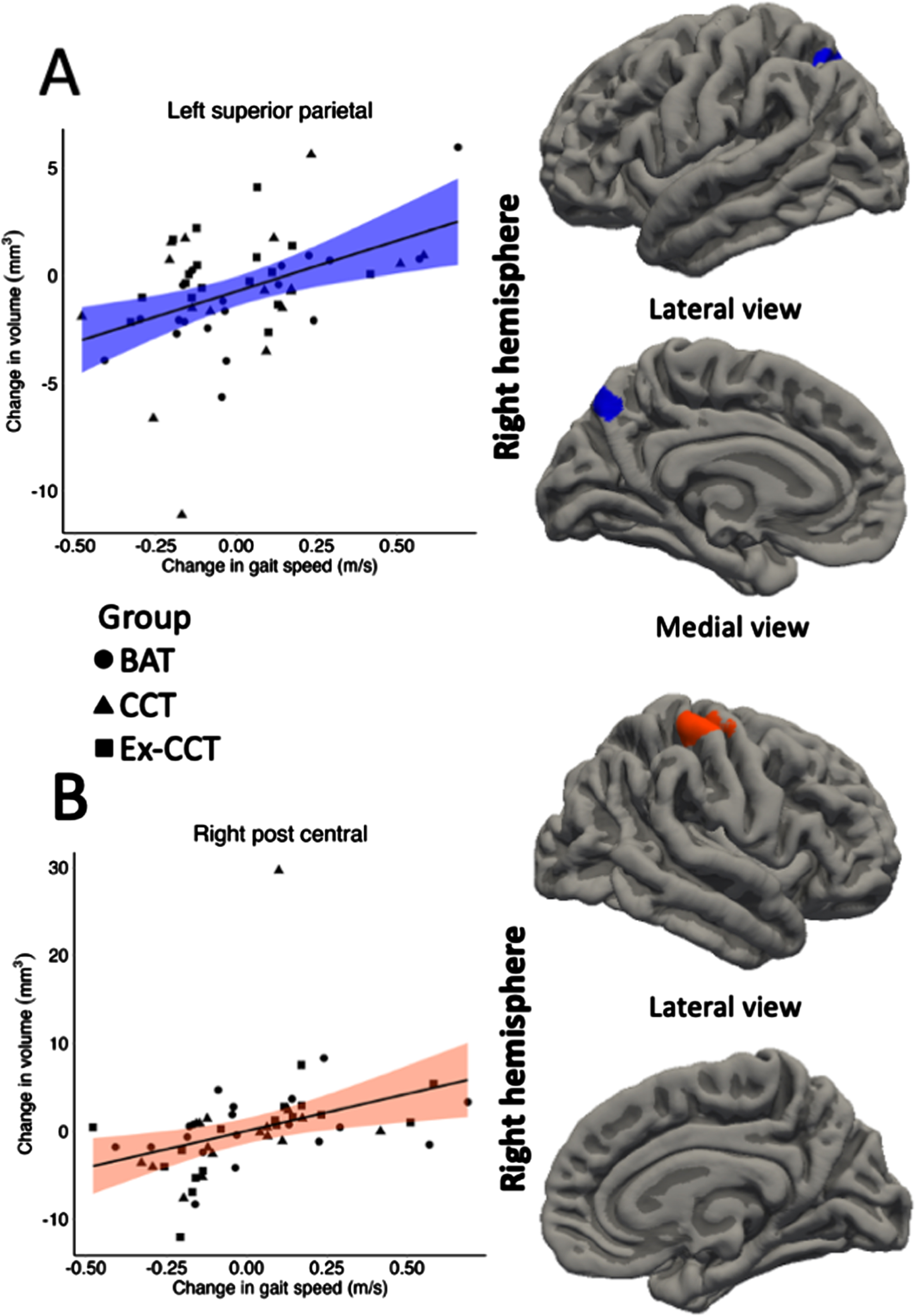 Significant correlation (α< 0.05) between: A) change in left superior parietal volume; and B) change in right post central volume with change in gait speed, controlling for age, sex, and MoCA.