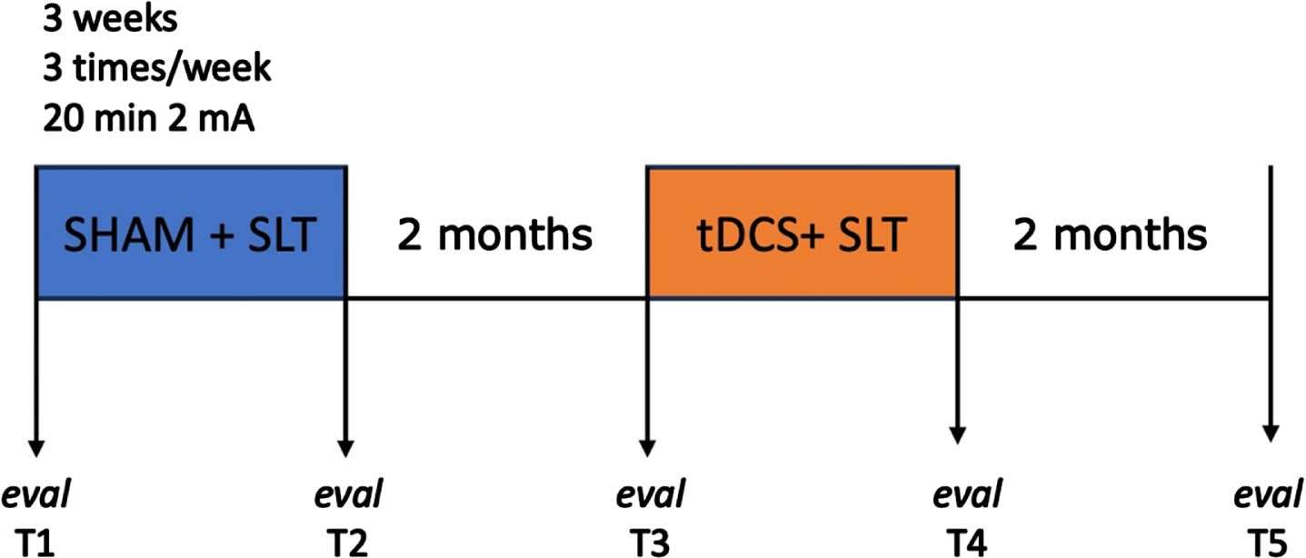 Study design. A within-subject controlled design with pre-and posttreatment evaluations after sham and tDCS was performed. Stimulation was given three times per week, for 3 weeks, during speech and language therapy.