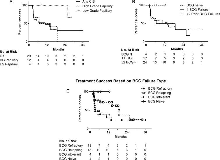 
          Kaplan-Meier plot of treatment success with intravesical gemcitabine and docetaxel depending on (a) disease stage at the time of Gem/Doce initiation, (b) number of prior BCG failures (BCG F = BCG Failure, BCG N = BCG Naïve), and (c) classification of prior BCG failures.
        