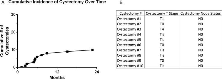 Cumulative number of cystectomies in patients who were cystectomy candidates and received intravesical gemcitabine and docetaxel intravesical therapy for NMIBC.