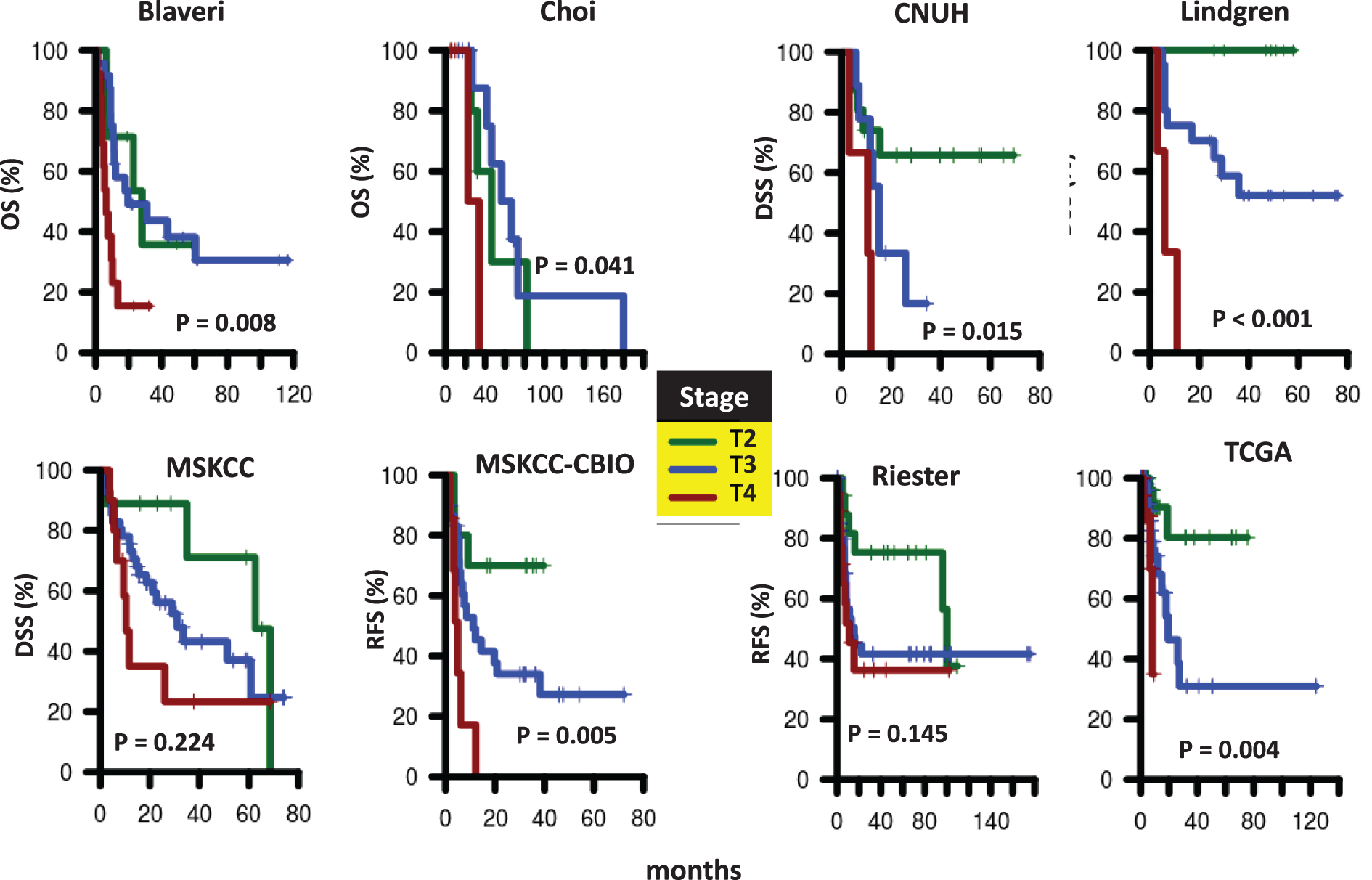 
          Survival of patients according to tumor stage. Kaplan-Meier curves were generated for patients with T2 (green), T3 (blue), and T4 (red) tumors in Blaveri (N = 44), Choi (N = 22), CNUH (N = 28), Lindgren (N = 32), MSKCC (N = 60), MSKCC-CBIO (N = 47), Riester (N = 78), and TCGA (N = 147) cohorts. The log-rank P value is reported. Abbreviations: DSS, disease-specific survival; OS, Overall survival; RFS, recurrence-free survival.
        