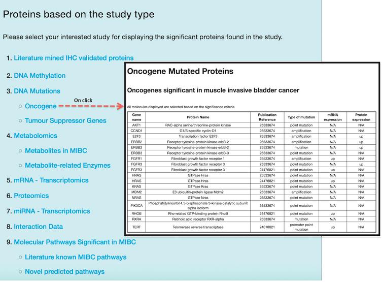 Display of molecular features based on study type from the BcCluster database. Molecular features significant in muscle invasive BC are organized and displayed based on the study type. Users can access these molecular features and retrieve biological information by clicking any of the listed study types. Additionally, all the results displayed in the application can be downloaded in various file formats (.csv,.txt and.xls).