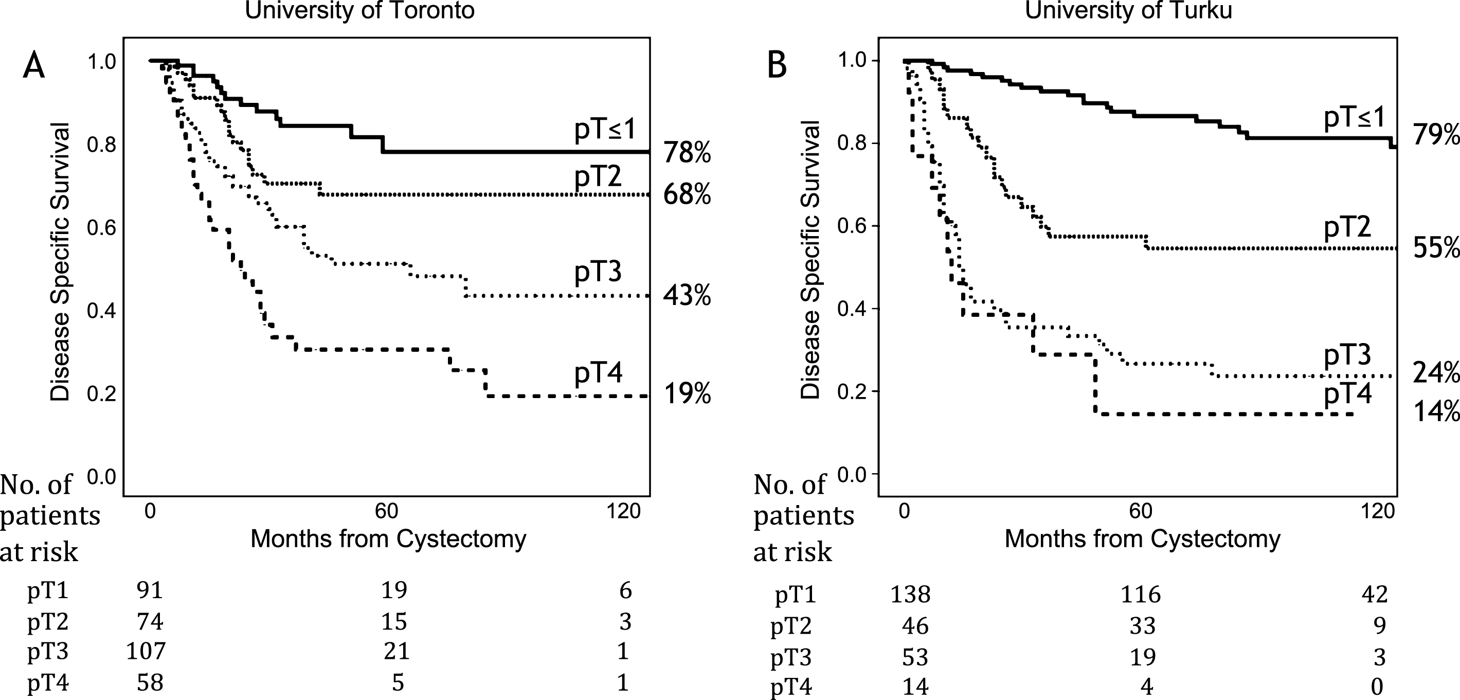 Kaplan-Meier analysis for disease specific survival for the University of Toronto (A) and the University of Turku (B).