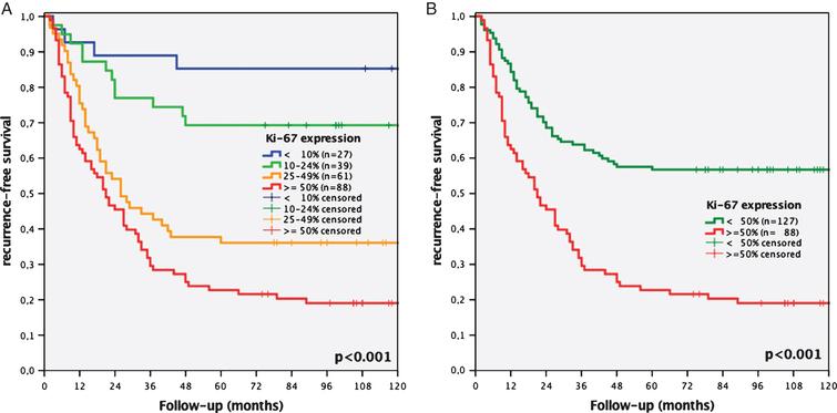 Kaplan-Meier analyses of Ki-67 expression of a 4-tier (<10% vs. 10–24% vs. 25–49% vs. ≥50%, A) and 2-tier cut-off system (<50% vs. ≥50%, B) regarding recurrence-free survival concerning all stages of recurrence of initial stage pTa bladder cancer patients.