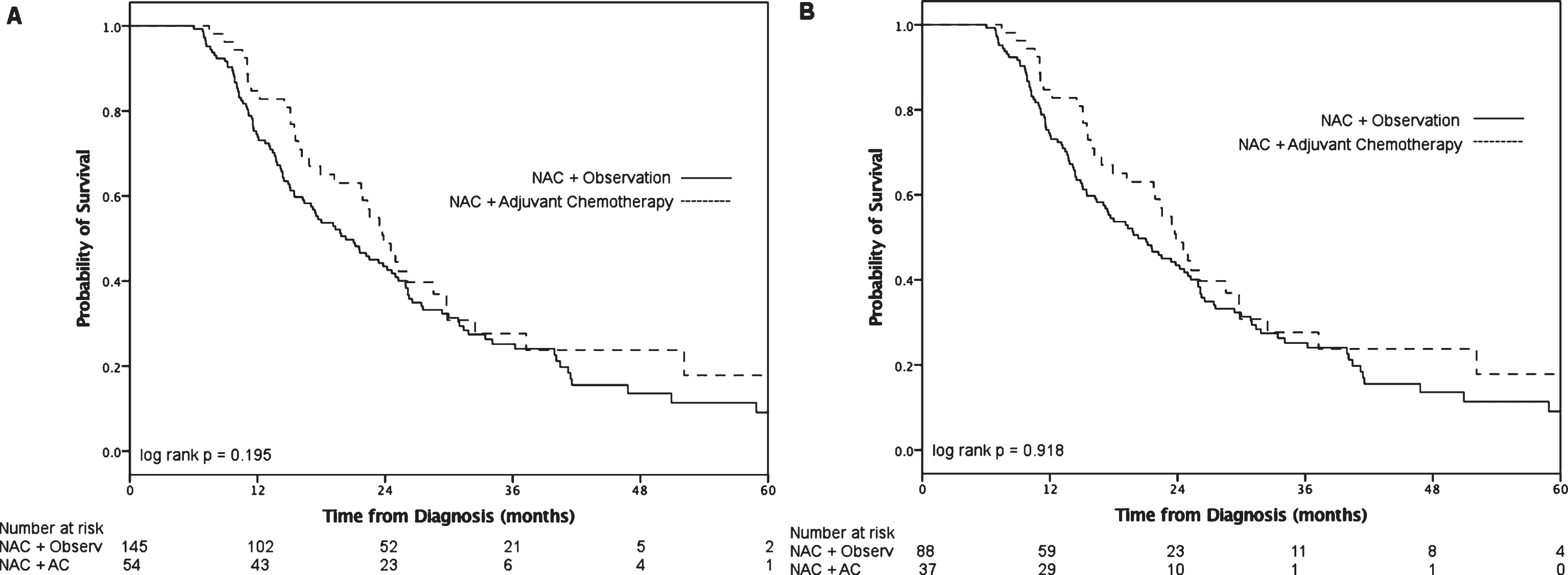 Overall survival after NAC and RC with (A) ≤2 positive lymph nodes and (B) >2 positive lymph nodes.