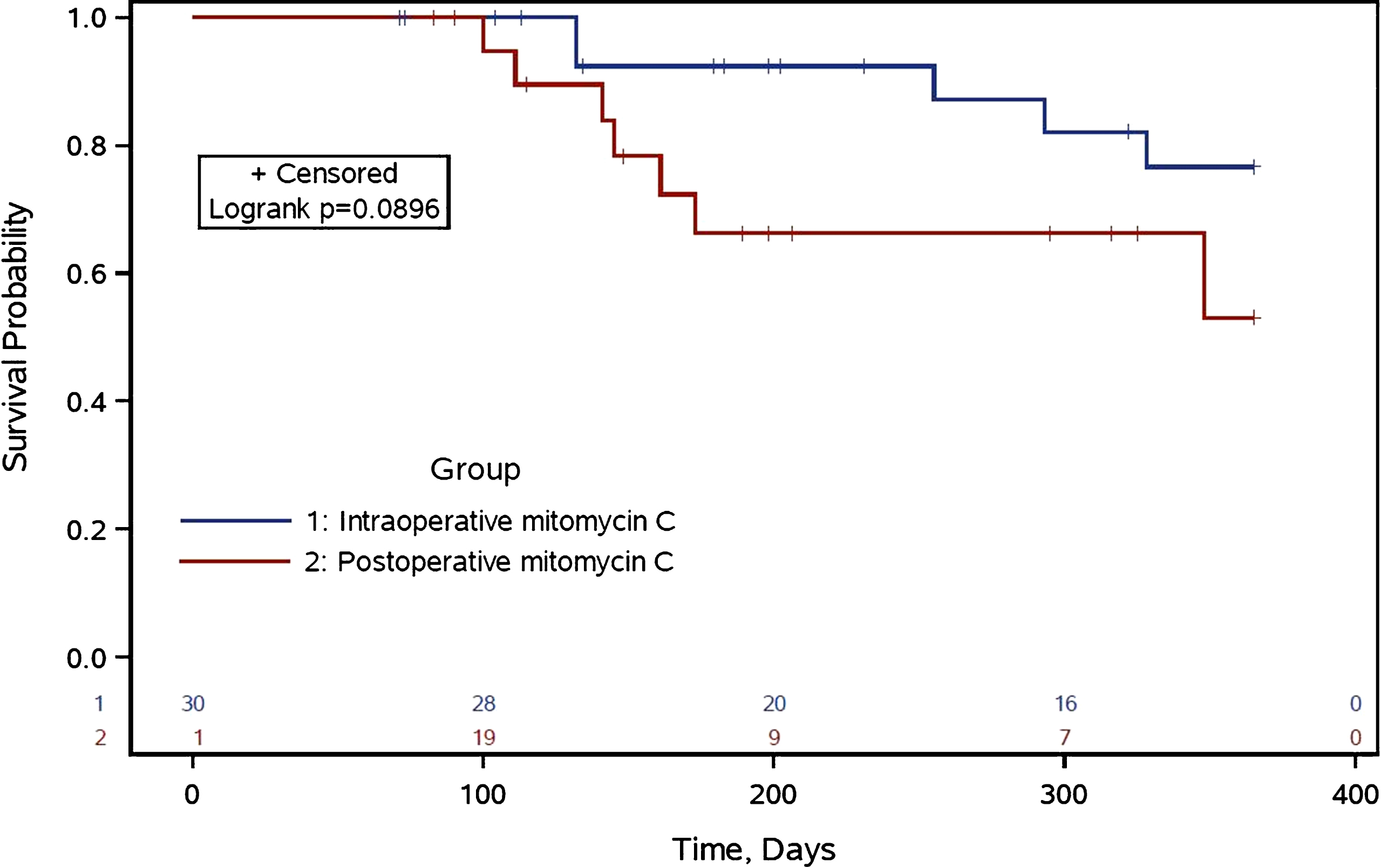 Time to Bladder Tumor Recurrence within the First Year. Kaplan-Meier survival curves for time-to-recurrence of bladder tumors within the first year according to two treatment groups: 1) intraoperative mitomycin C and 2) post-operative day 1 or later mitomycin C.