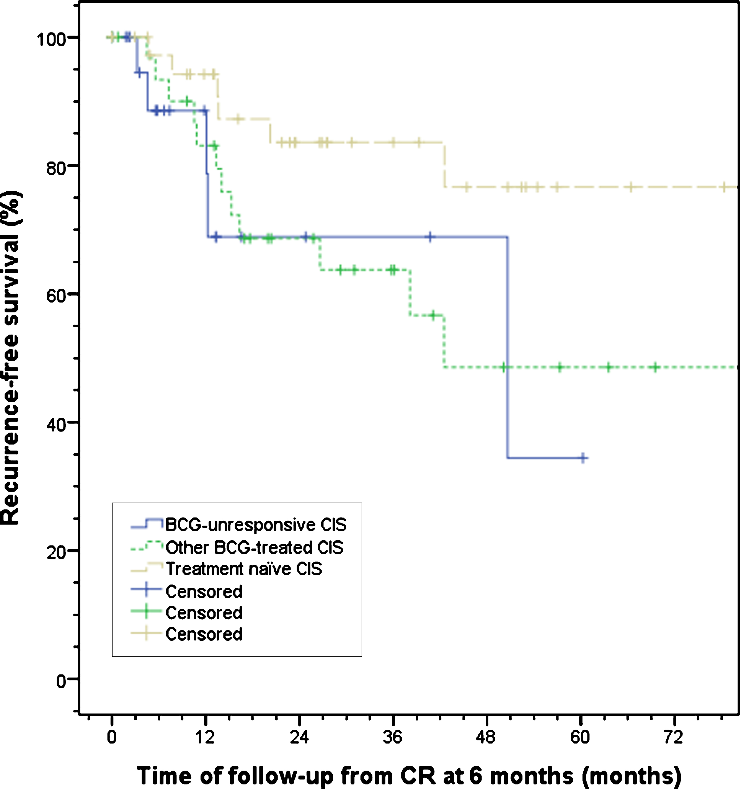 Recurrence-free survival after RF-CHT split by treatment history. No significant difference between BCG-unresponsive, other BCG-treated, and treatment naïve CIS patients was observed, p = 0.08. BCG, bacillus Calmette-Guérin; CIS, carcinoma in situ; CR, complete response; RF-CHT, radiofrequency-induced chemohyperthermia.
