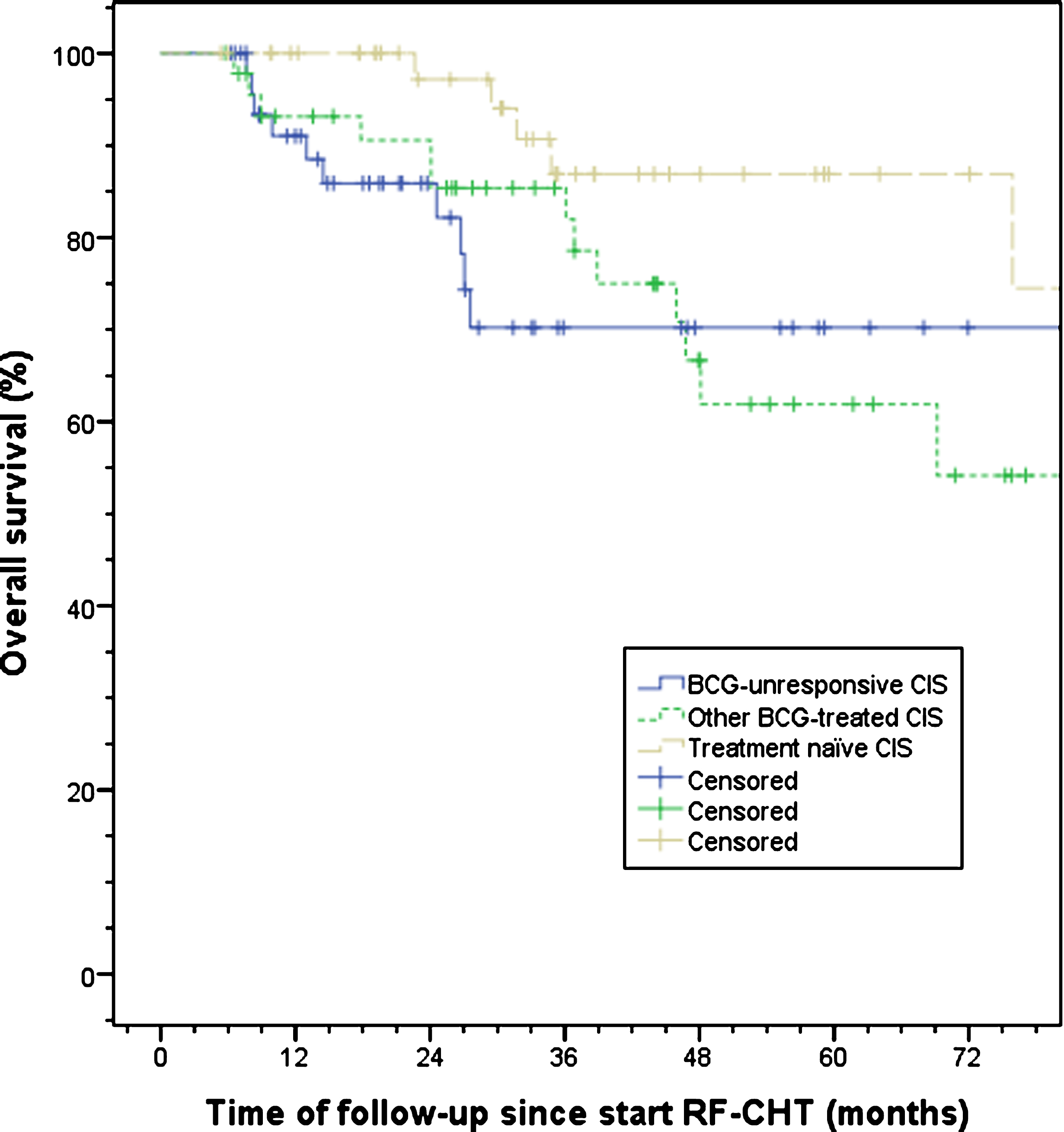 Observed overall survival split by treatment history. A trend towards a significant difference between other BCG-treated and treatment naïve CIS patients was observed, p = 0.06. BCG, bacillus Calmette-Guérin; CIS, carcinoma in situ; RF-CHT, radiofrequency-induced chemohyperthermia.