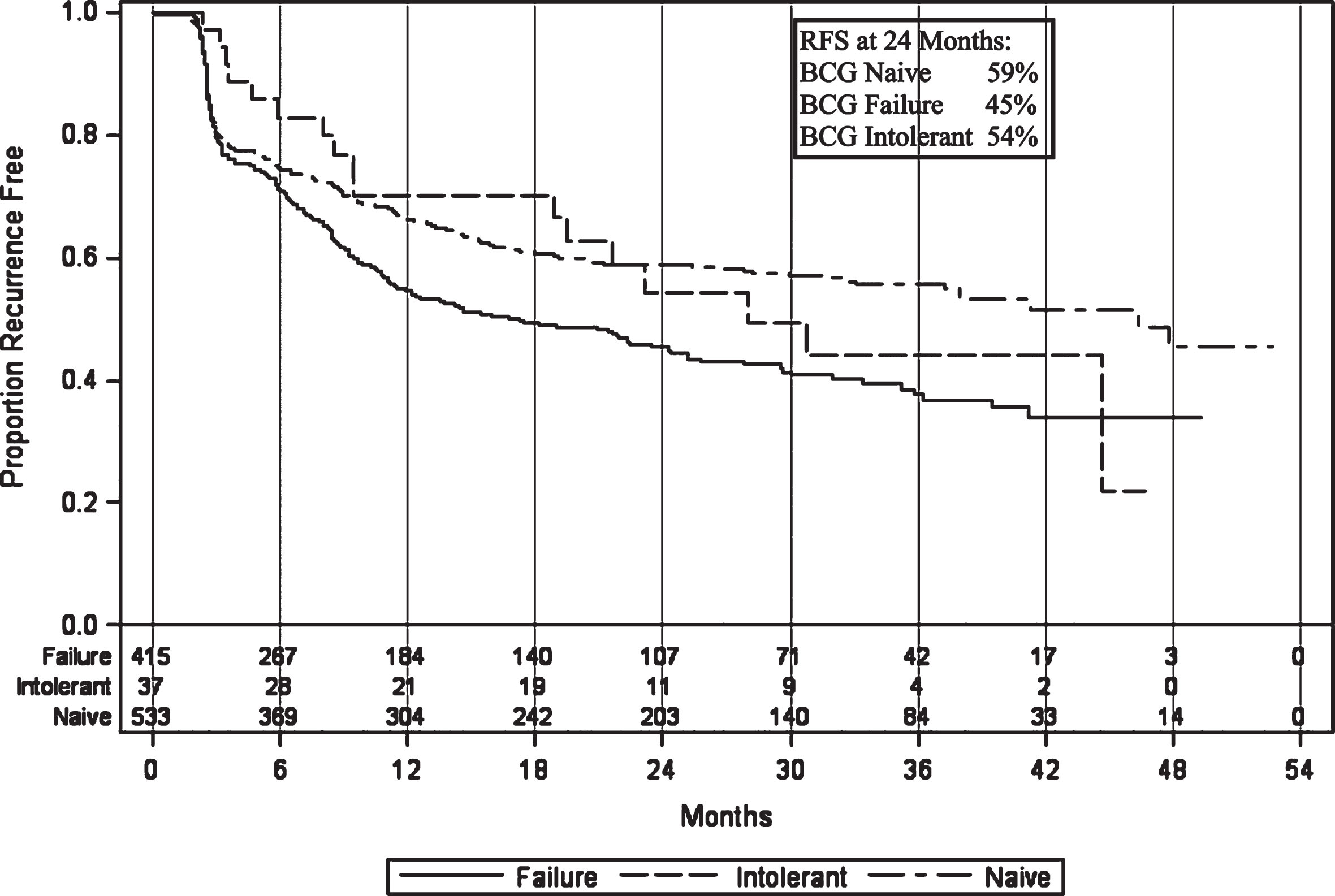 Recurrence-free survival in patients treated with BCG plus Interferon therapy.
