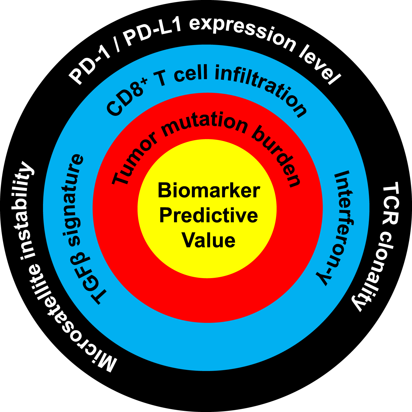 Ranking of the predictive value of molecular biomarkers for response to PD-1/PD-L1 immune checkpoint blockade. Biomarkers closer to the center are more predictive of response. High predictive value: tumor mutation burden. Moderate predictive value: TGFβ signature, CD8 T cell infiltration, interferon-γ. Low predictive value: microsatellite instability, PD-1/PD-L1 expression level, TCR clonality. Predictive level was assessed based on the amount of published data and the quality of these studies, as evaluated and determined in consensus by all authors.