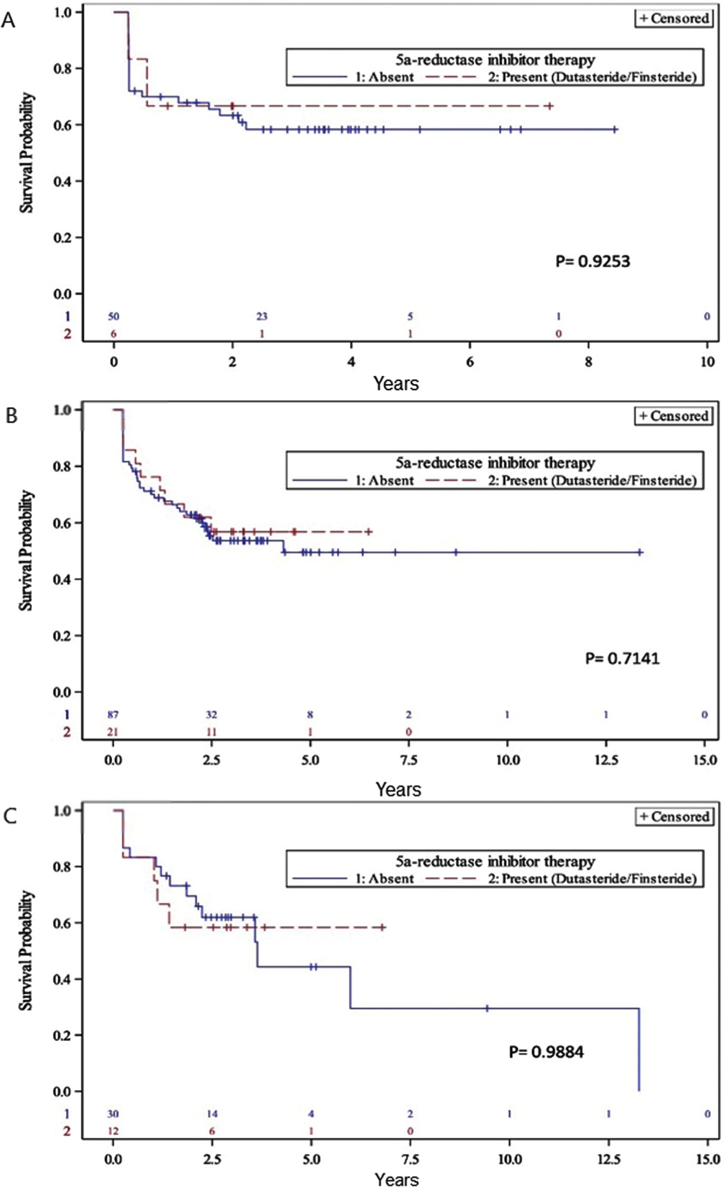 Kaplan-Meier analysis of recurrence-free survival with and without 5-ARI stratified by amount of BCG received: (A) Group I < 6 instillations (B) Group II < 1 year maintenance (C) Group III at least 1 year maintenance.