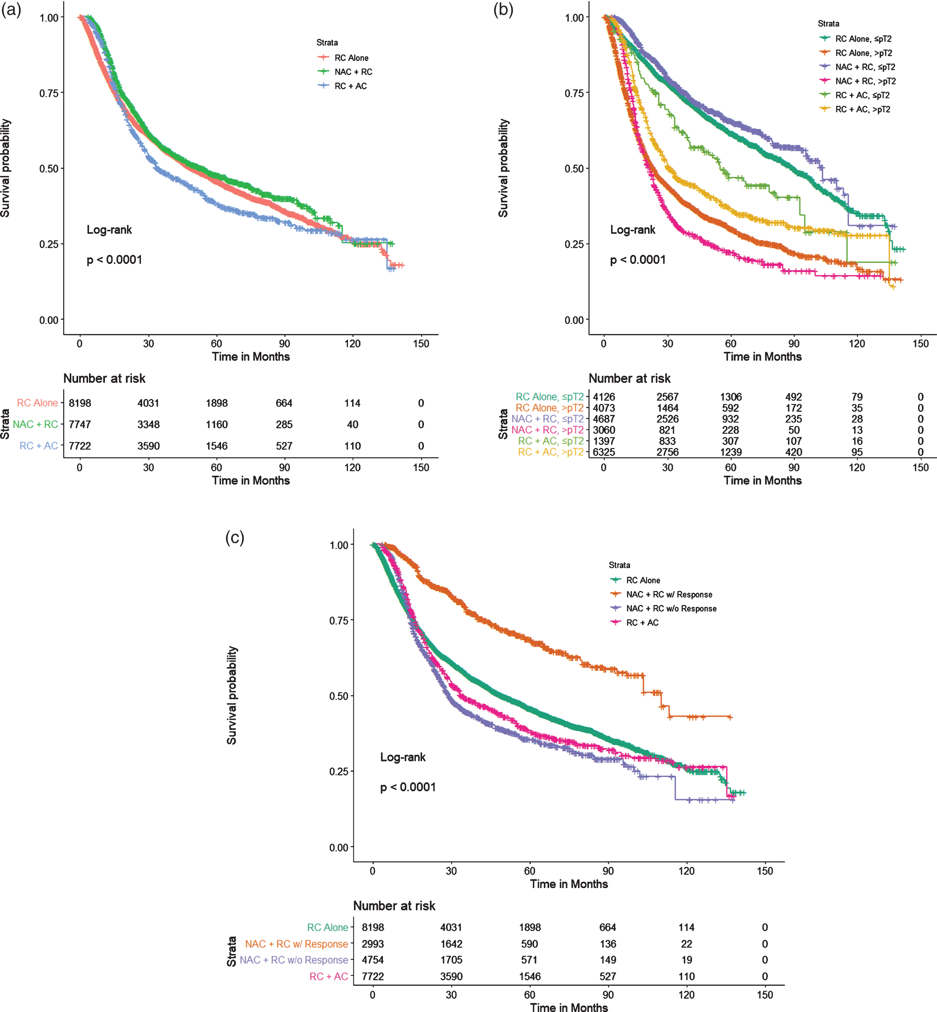 PS-adjusted Kaplan Meier analysis of overall survival for patients treated with NAC + RC vs RC alone vs RC + AC stratified by (a) treatment type, (b) pathological stage (≤pT2 vs. >pT2), and (c) treatment type and response to NAC.