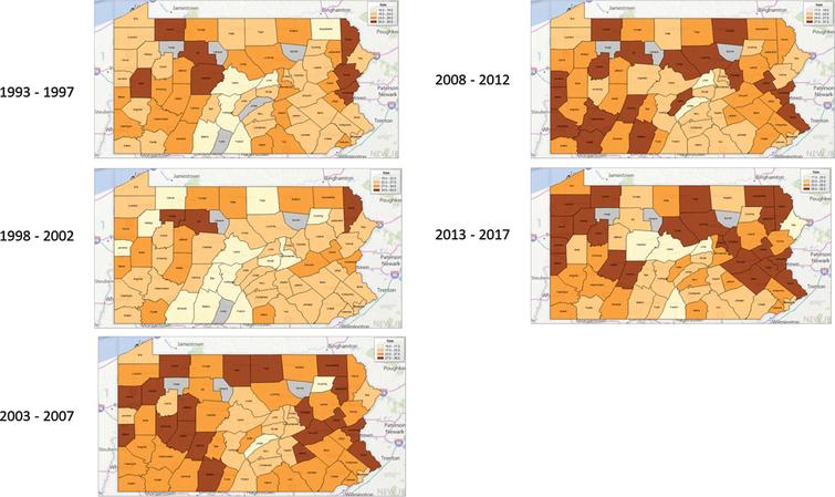 Age-Adjusted Bladder Cancer Incidence Rates with Spatial Empirical Bayes Smoothing by County in 5-year intervals, 1993–2017.