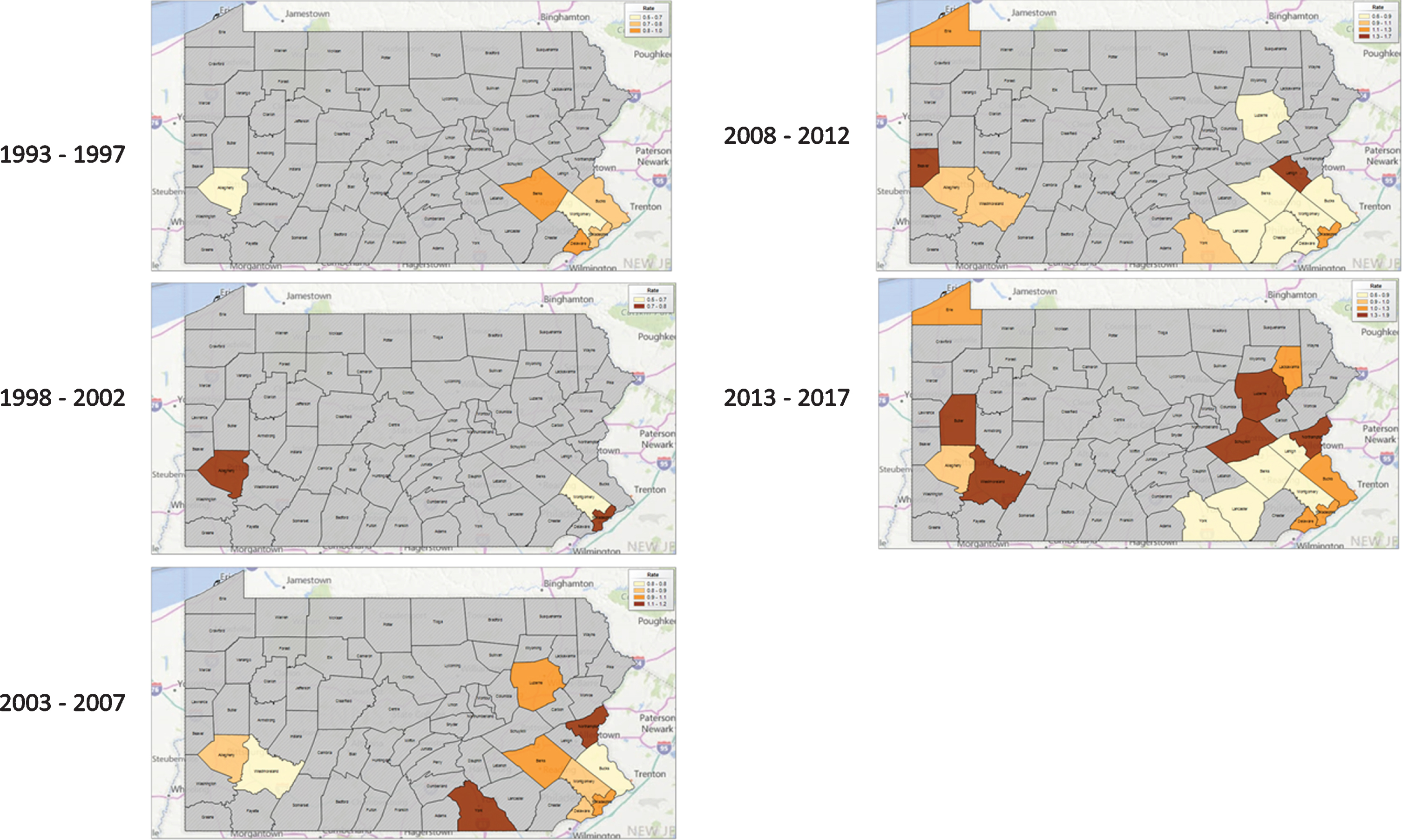 Age-Adjusted Distant Bladder Cancer Incidence Rates with Spatial Empirical Bayes Smoothing by County in 5-year intervals, 1993–2017.