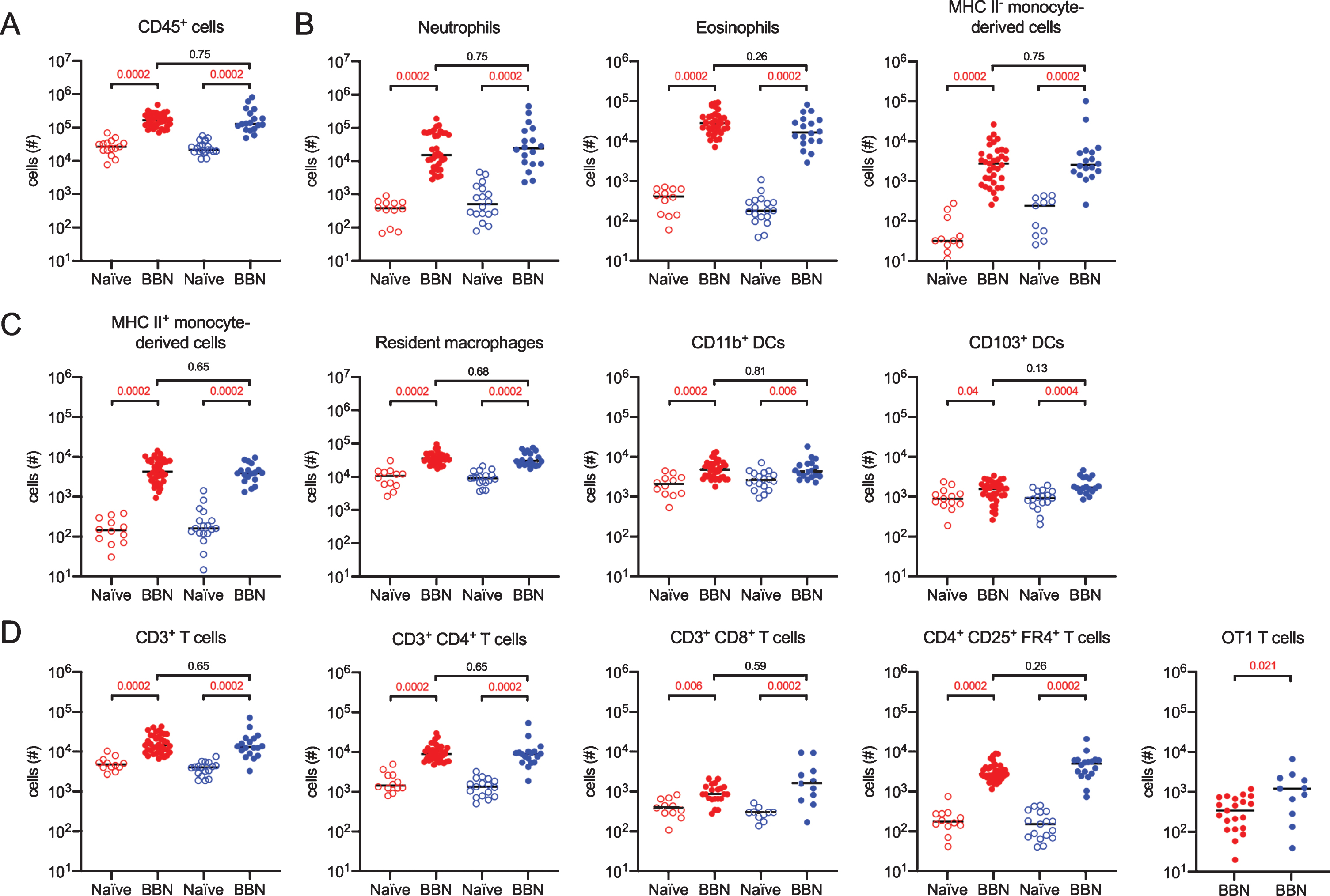 More CD8+ tumor-specific T cells infiltrate male bladders than female bladders. Mice were treated as shown in Fig. 5A. Graphs depict the total number of specified immune cell populations in naïve or tumor-bearing female (red dots) and male (blue dots) URO-OVA mice. Graphs are pooled from 10 experiments, n = 1–7 mice per experiment. Each dot represents 1 mouse, lines are medians. Significance was determined using the nonparametric Kruskal-Wallis test to compare naïve to BBN-treated mice for each immune cell population and to compare female to male BBN-treated mice. p-values were corrected for multiple testing using the FDR method. All calculated/corrected p-values are shown and those meeting the criteria for statistical significance (p < 0.05) are depicted in red.
