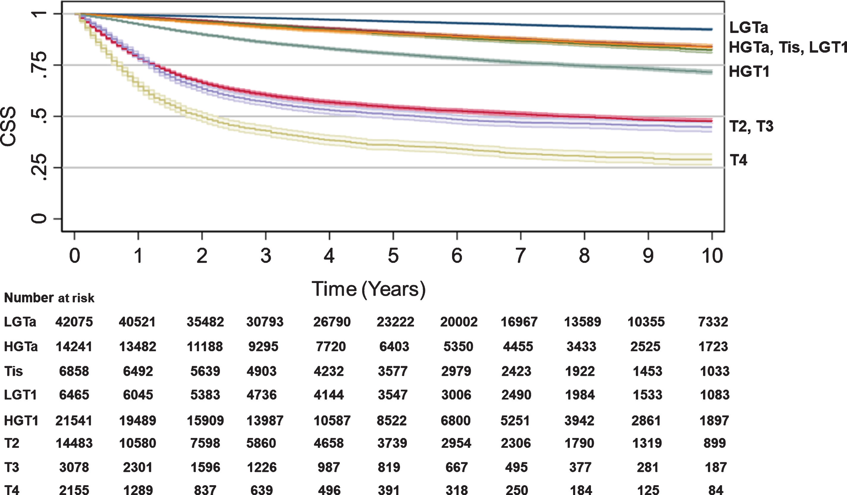 Cancer-specific survival by T stage. Kaplan-Meier analyses were performed to estimate CSS from time of diagnosis to censorings or death using SEER data with LGTa as a reference. Blue (LGTa), maroon (HGTa), green (Tis), orange (LGT1), teal (HGT1), red (T2), purple (T3), yellow (T4). Shading represents 95% CI. For SEER, OS hazard ratios, 95% CI, and p values when compared to LGTa were HGTa (1.94, CI 1.81–2.08, p < 0.001), Tis (2.28, CI 2.09–2.47, p < 0.001), LGT1 (2.30, CI 2.11–2.51, p < 0.001), HGT1 (4.24, CI 4.01–4.47, p < 0.001), T2 (12.18, CI 11.57–12.82, p < 0.001), T3 (14.60, CI 13.63–15.64, p < 0.001), and T4 (22.76, CI 21.19–24.44, p < 0.001).