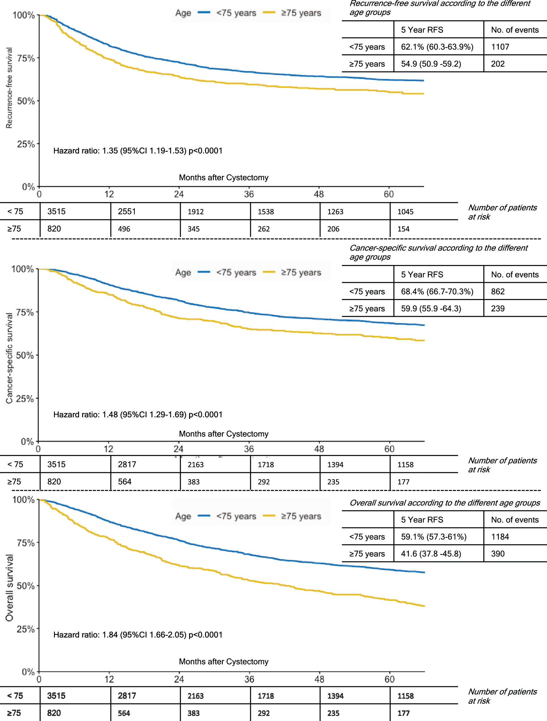 Kaplan-Meier Curves for 5-Year Recurrence-Free Survival; Cancer-Specific Survival and Overall Survival by Age Groups (< 75 vs. ≥75 years old).