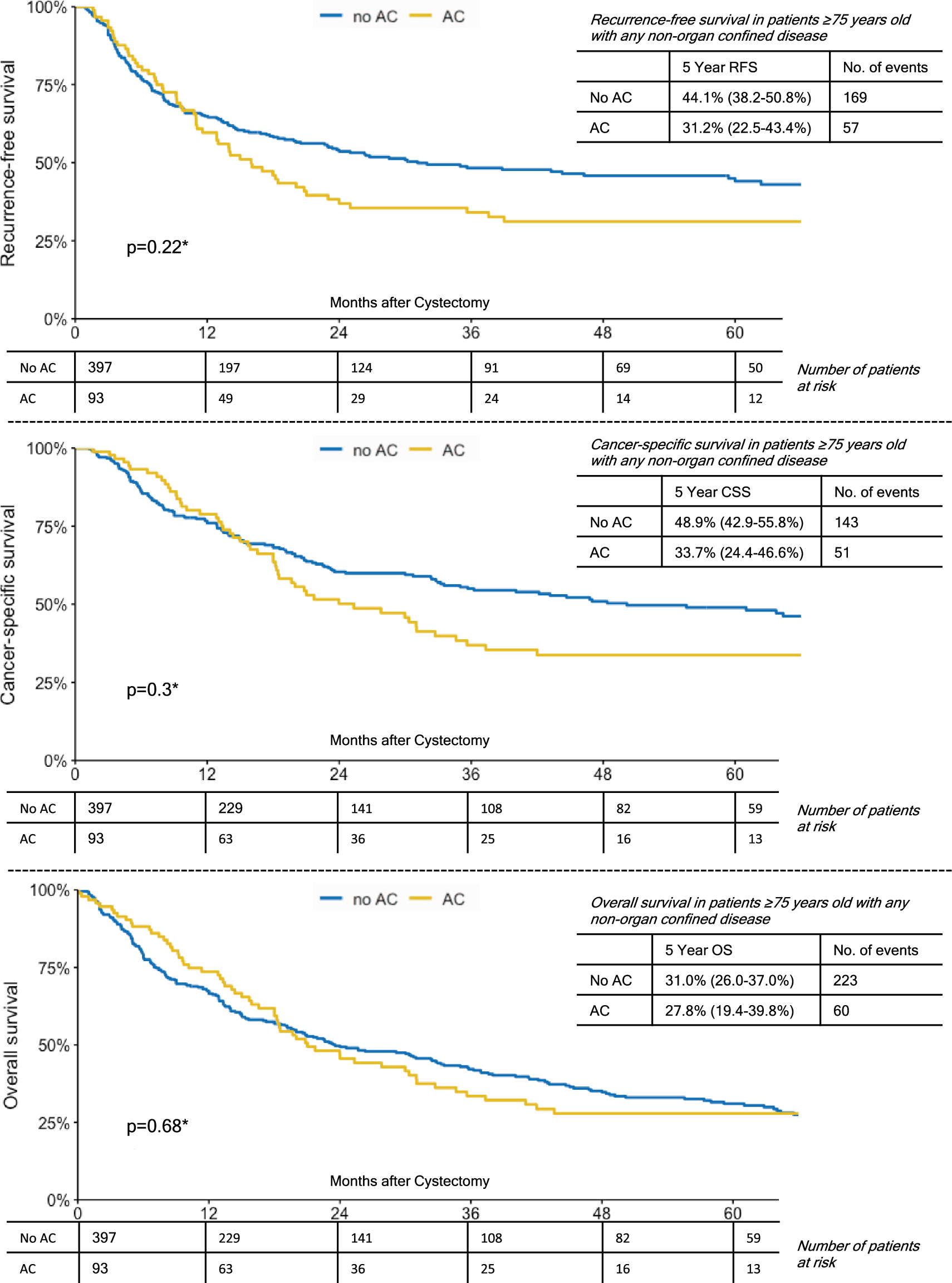 Kaplan-Meier Curves Demonstrating the Effect of Adjuvant Chemotherapy on Recurrence-Free Survival; Cancer-Specific Survival and Overall Survival in Patients Over 75 Years with any Non-Organ Confined Disease.