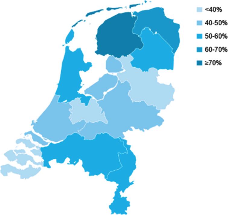 Percentage of patients diagnosed in 2017-2018 with TaG1G2 urothelial carcinoma receiving a SI per province in the Netherlands SI: Single Instillation.
