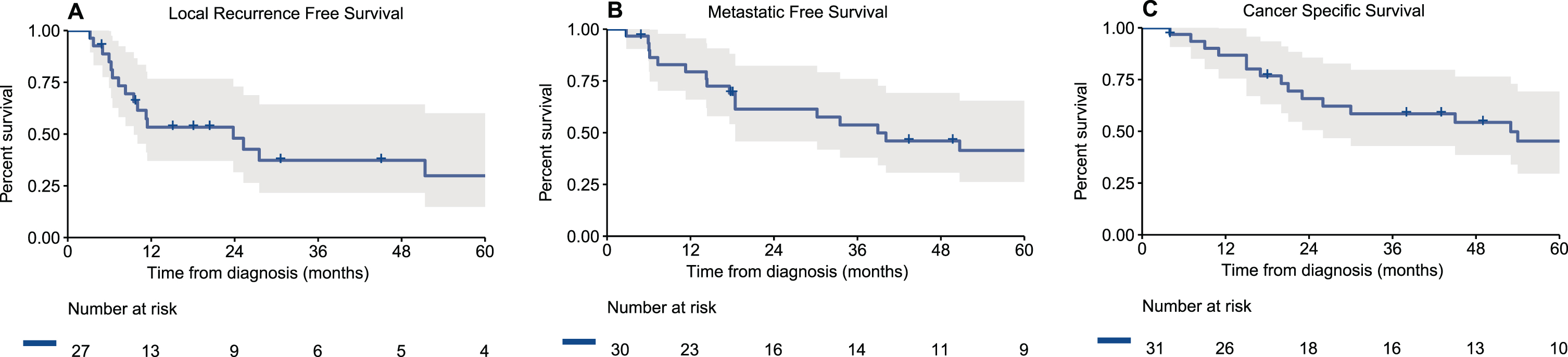 Kaplan-Meier curves of (A) local recurrence free survival of patients who underwent treatment for their loco-regional disease (n = 27), (B) metastatic free survival of patients who presented without metastatic disease (n = 30), and (C) cancer specific survival of all patients with urethral melanoma (n = 31).