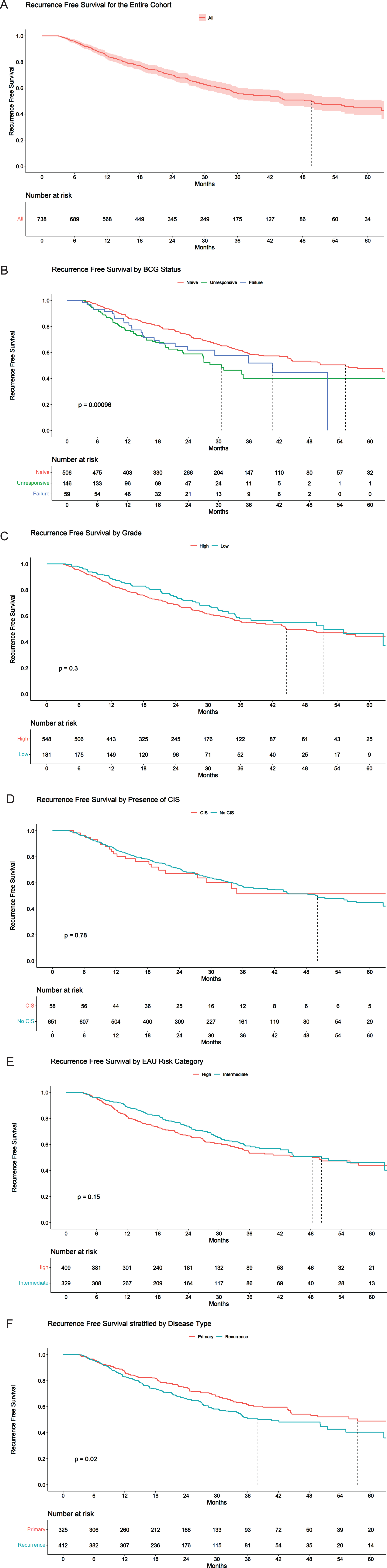 Recurrence free survival stratified by a) Entire cohort; b) BCG status; c) Grade; d) CIS; e) European Urological Association Risk Category; f) Disease type.