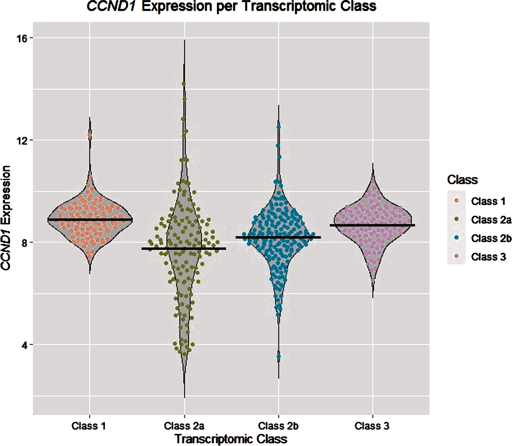 Expression levels of CCND1 in tumours from different transcriptomic classes in publicly available data from UROMOL [9]. The black horizontal lines mark the mean expression levels per class.